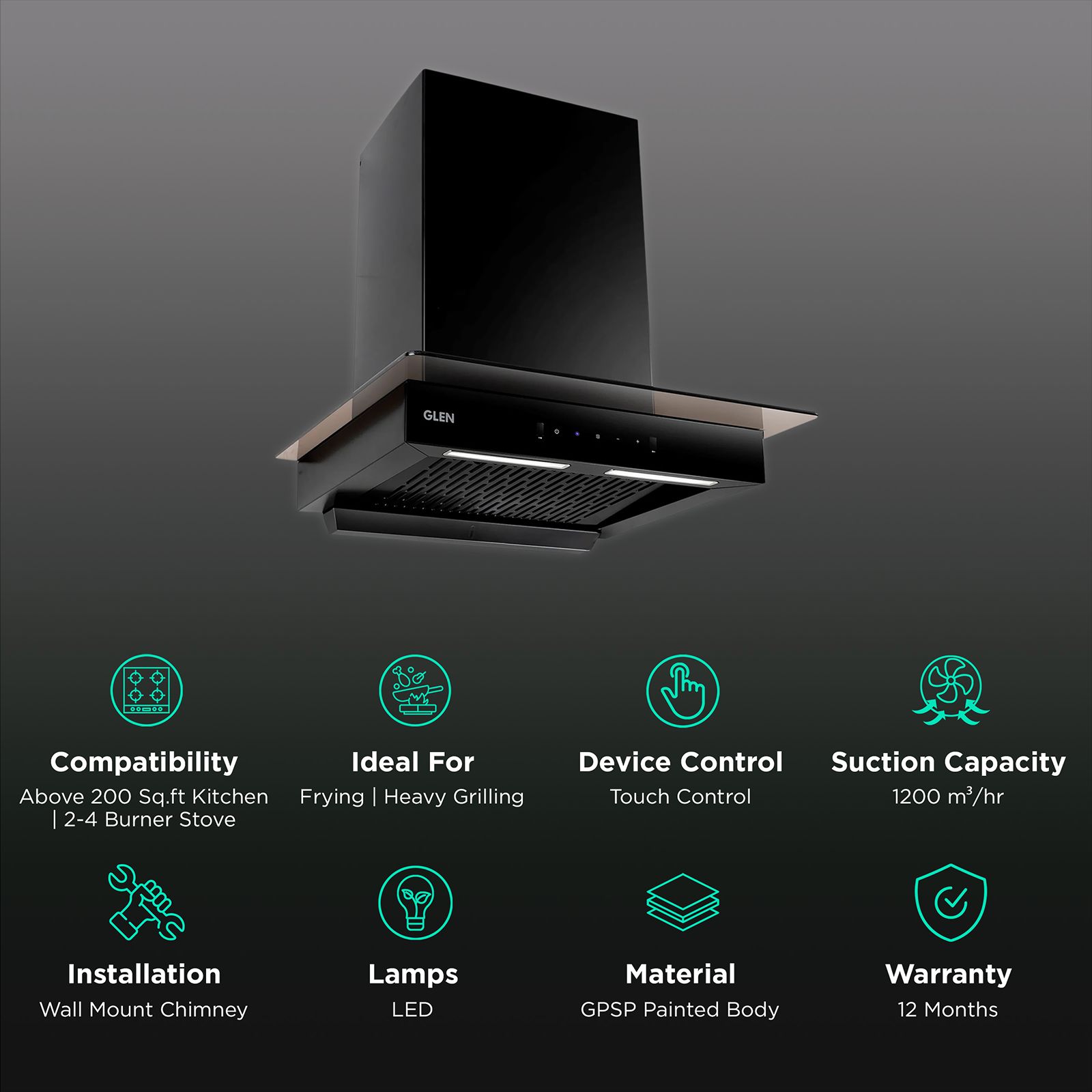GLEN 6062 BL 60cm 1200m3/hr Ducted Auto Clean Wall Mounted Chimney with Touch Control Panel (Black)_3