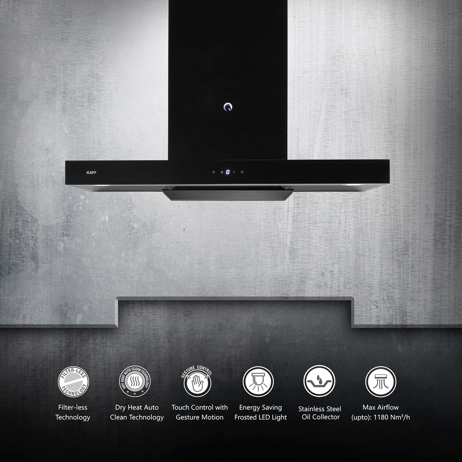 KAFF ELECTRA DHC BL 90cm 1180m3/hr Ducted Auto Clean Wall Mounted Chimney with Touch Control Panel (Black)_16