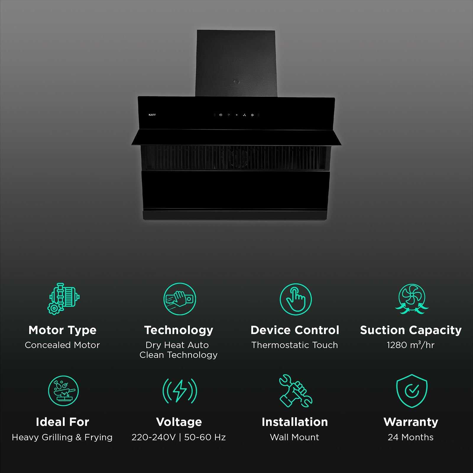 KAFF ALBURY LX DHC 75cm 1280m3/hr Ducted Wall Mounted Chimney with Touch Control Panel (Black)_3