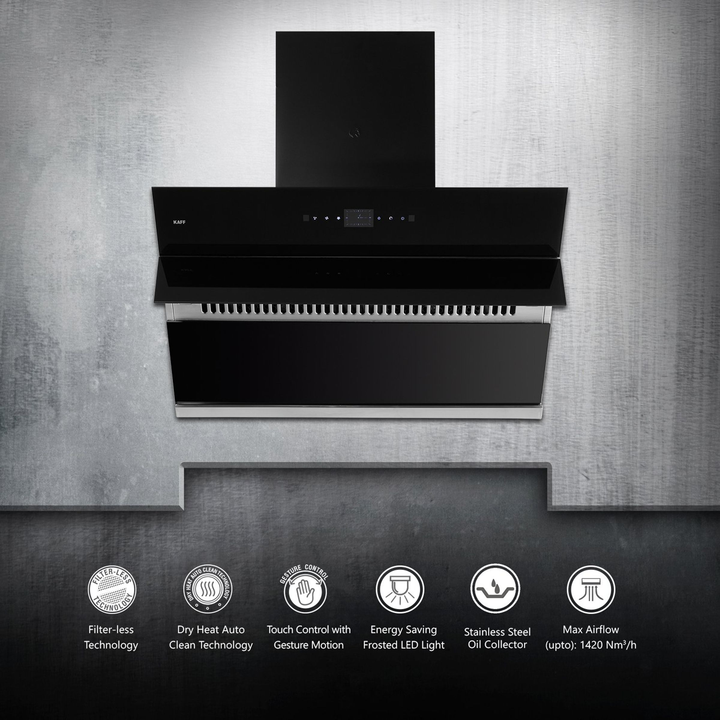 KAFF ALBURY DHC 90cm 1420m3/hr Ducted Auto Clean Wall Mounted Chimney with Touch Control Panel (Black) KAFF ALBURY DHC 90cm 1420m3/hr Ducted Auto Clean Wall Mounted Chimney with Touch Control Panel (Black)_7
