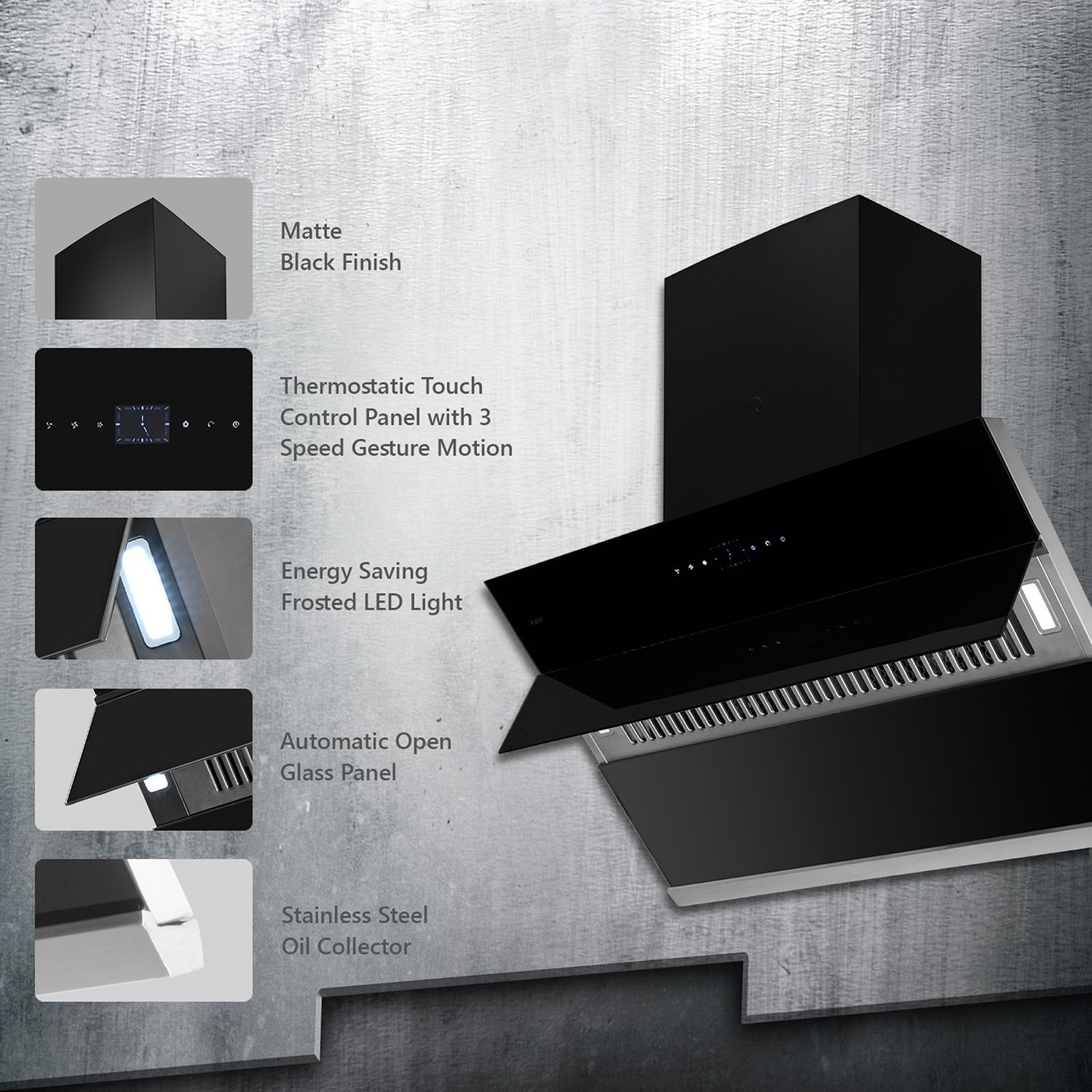 KAFF ALBURY DHC 90cm 1420m3/hr Ducted Auto Clean Wall Mounted Chimney with Touch Control Panel (Black) KAFF ALBURY DHC 90cm 1420m3/hr Ducted Auto Clean Wall Mounted Chimney with Touch Control Panel (Black)_10