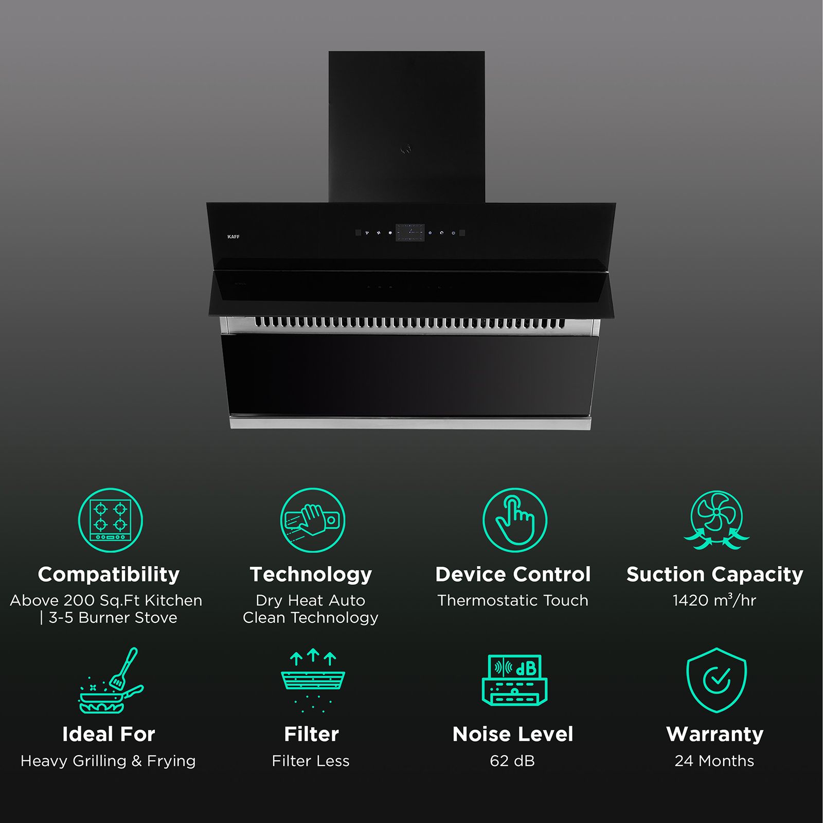 KAFF ALBURY DHC 90cm 1420m3/hr Ducted Auto Clean Wall Mounted Chimney with Touch Control Panel (Black) KAFF ALBURY DHC 90cm 1420m3/hr Ducted Auto Clean Wall Mounted Chimney with Touch Control Panel (Black)_3