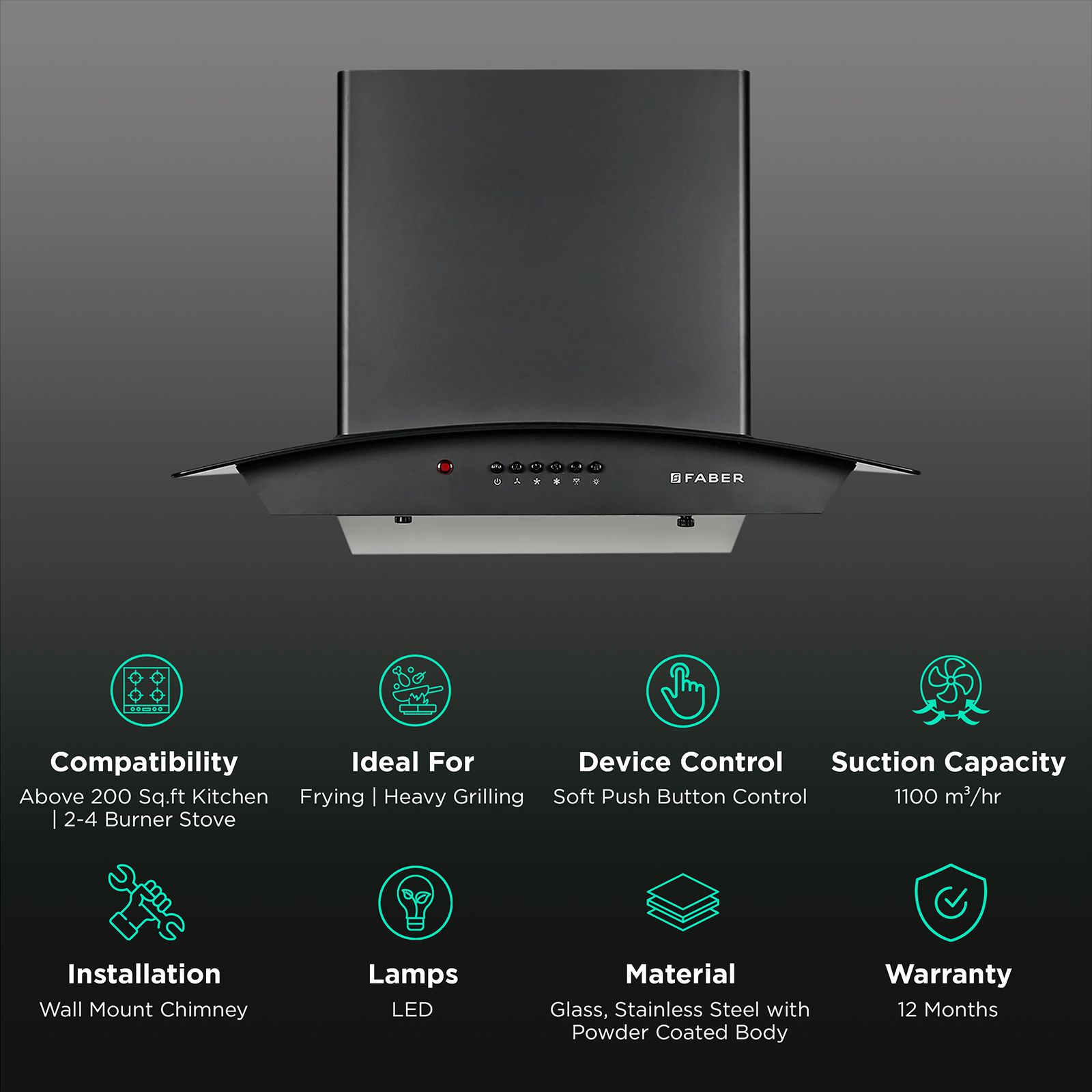 FABER ALPHA HC PB BK 60cm 1100m3/hr Ducted Auto Clean Wall Mounted Chimney with Soft Push Button (Black)_3