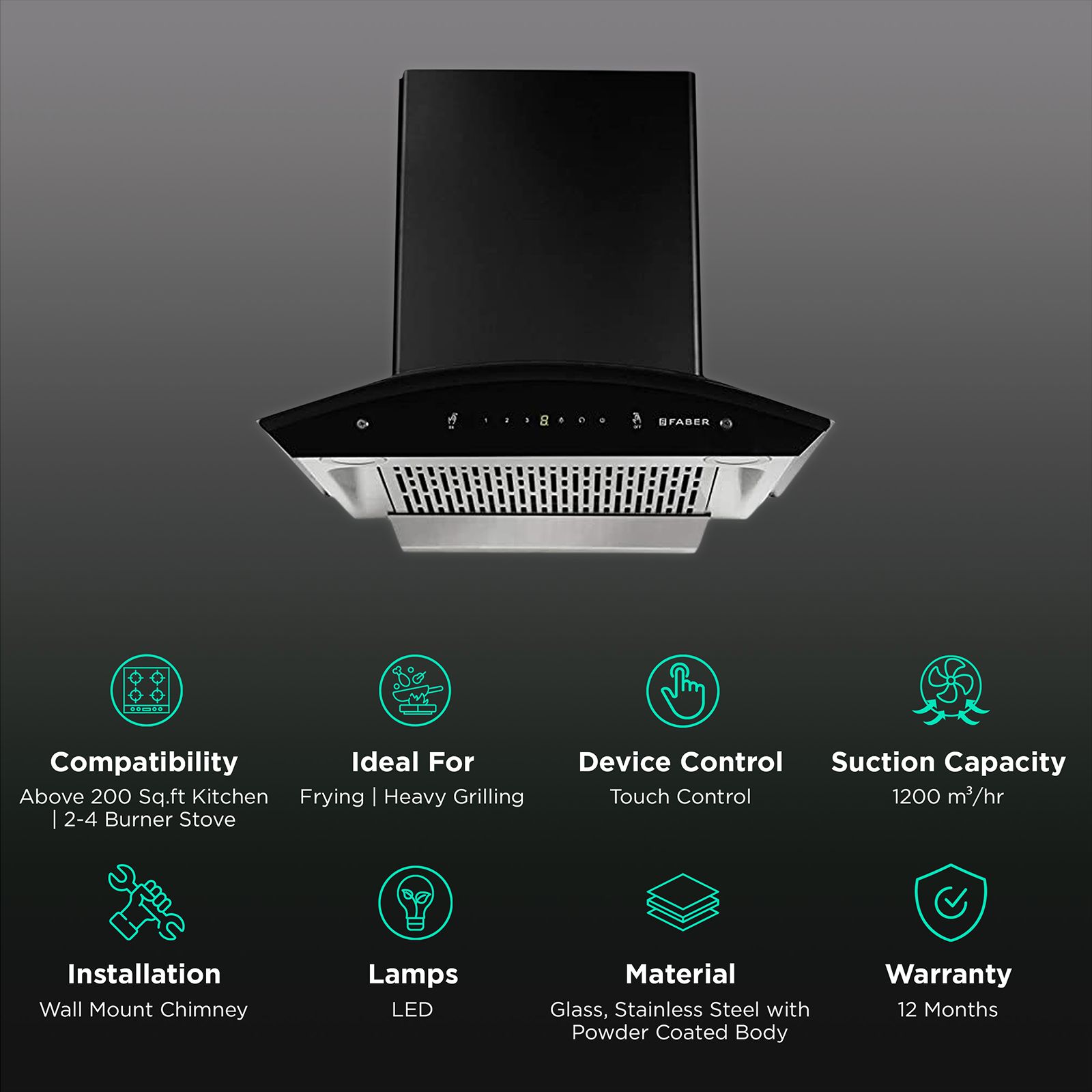 FABER EVEREST IND SC TC HC BK 60cm 1200m3/hr Ducted Auto Clean Wall Mounted Chimney with Touch Control Panel (Black) FABER EVEREST IND SC TC HC BK 60cm 1200m3/hr Ducted Auto Clean Wall Mounted Chimney with Touch Control Panel (Black)_3