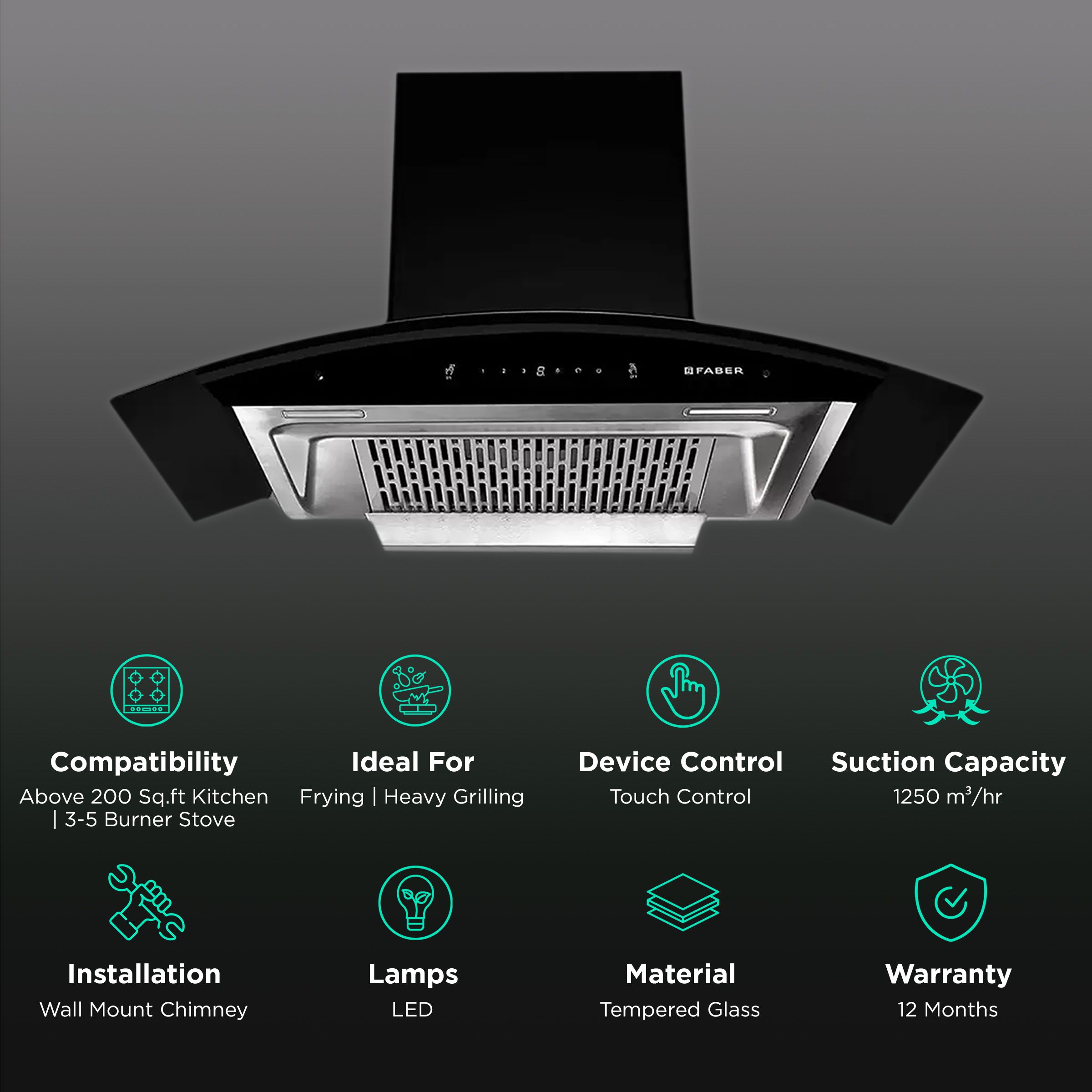FABER EVEREST SMART IND HC SC BK 90cm 1250m3/hr Ducted Auto Clean Wall Mounted Chimney with Touch Control Panel (Black) FABER EVEREST SMART IND HC SC BK 90cm 1250m3/hr Ducted Auto Clean Wall Mounted Chimney with Touch Control Panel (Black)_3