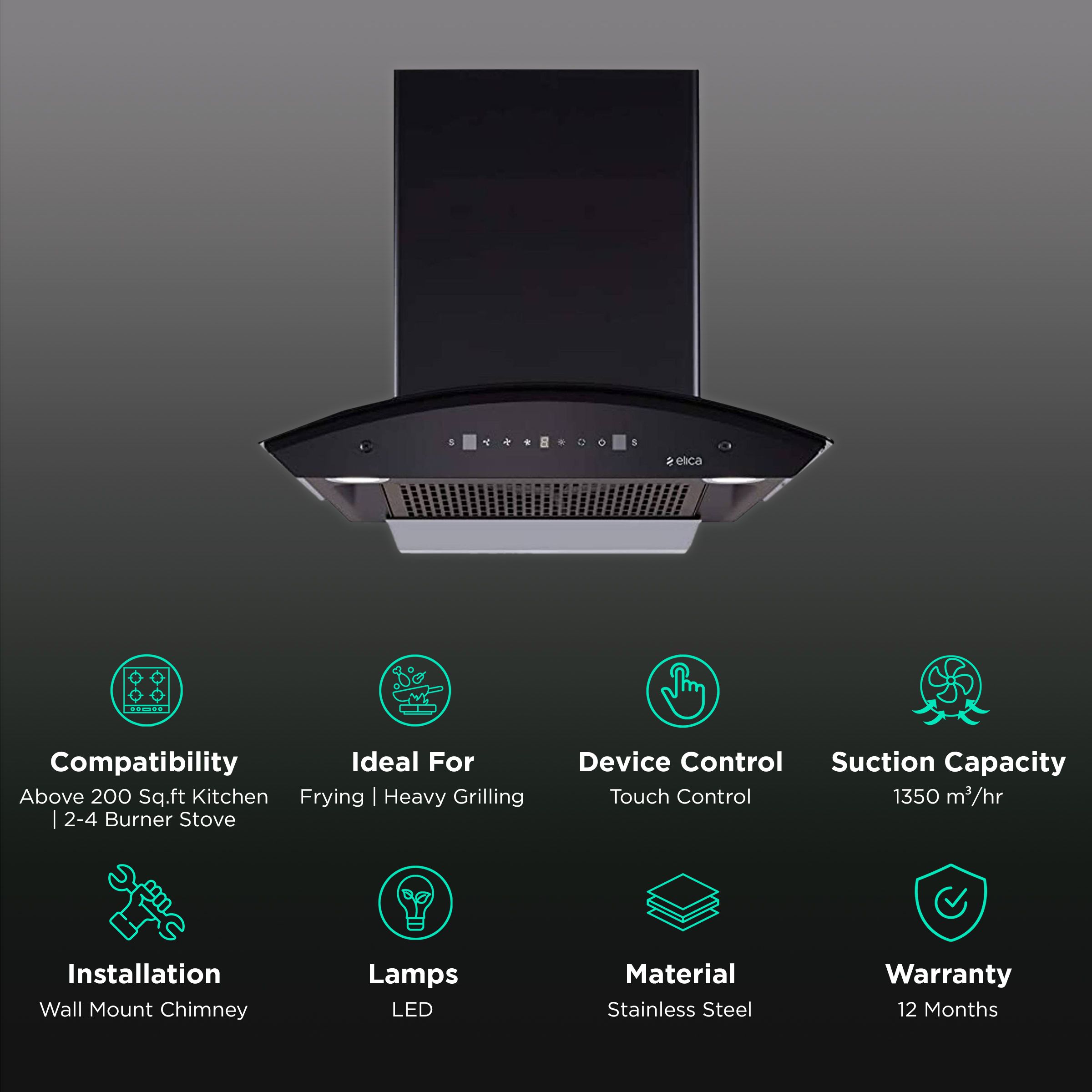 elica FLCG 600 HAC LTW MS NERO 60cm 1350m3/hr Ducted Auto Clean Wall Mounted Chimney with Touch Control Panel (Black) elica FLCG 600 HAC LTW MS NERO 60cm 1350m3/hr Ducted Auto Clean Wall Mounted Chimney with Touch Control Panel (Black)_3