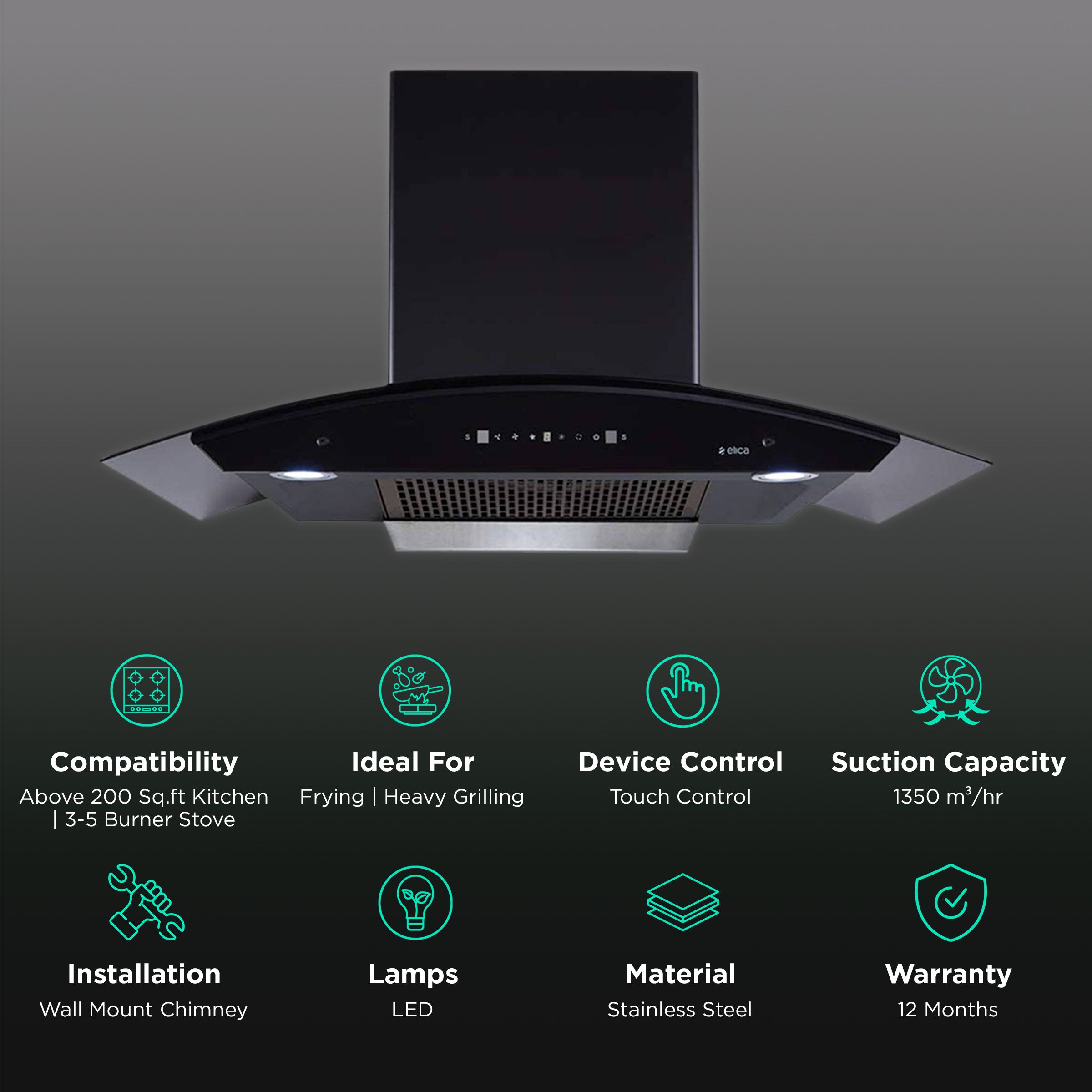 elica FLCG 900 HAC LTW MS NERO 90cm 1350m3/hr Ducted Auto Clean Wall Mounted Chimney with Touch Control Panel (Black) elica FLCG 900 HAC LTW MS NERO 90cm 1350m3/hr Ducted Auto Clean Wall Mounted Chimney with Touch Control Panel (Black)_3