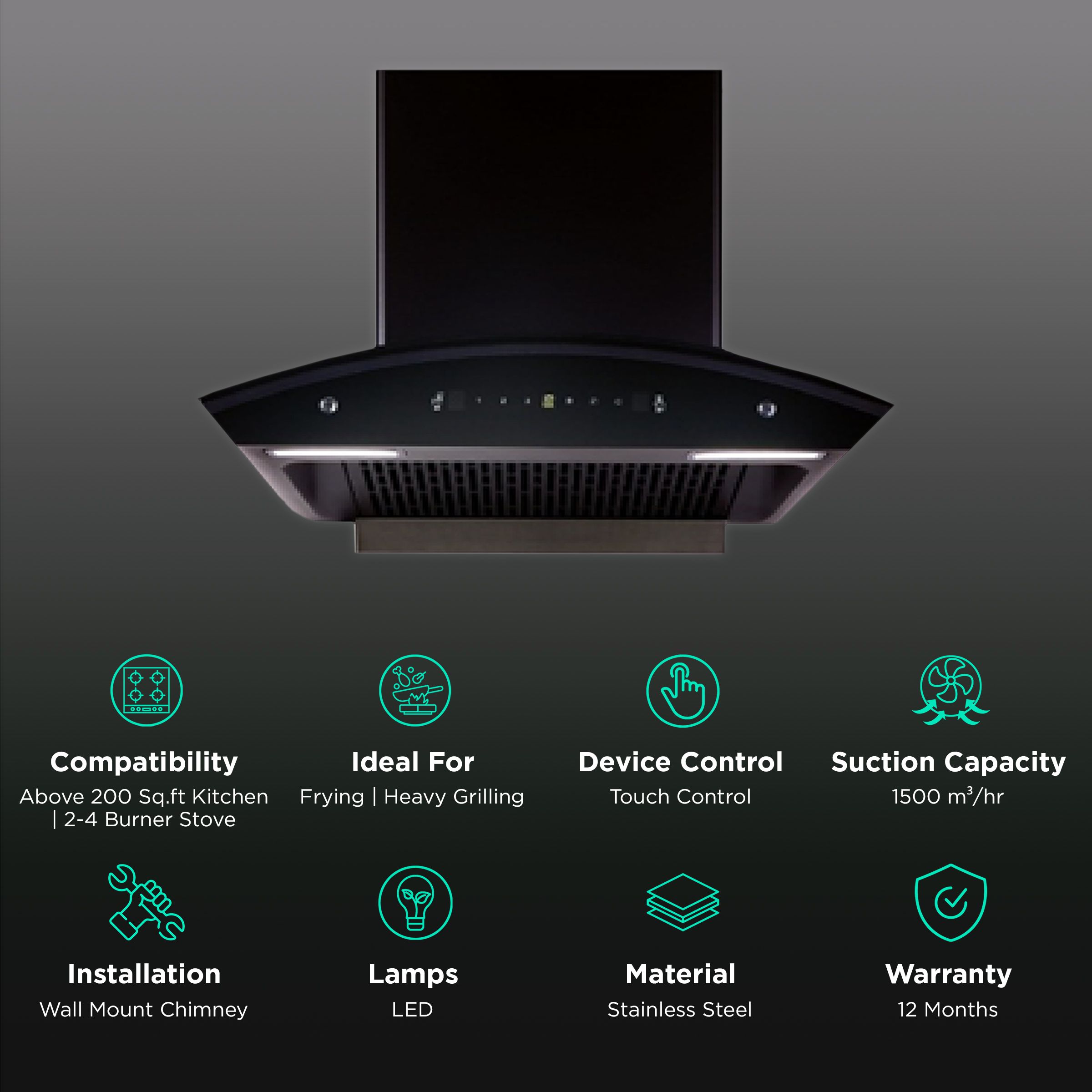 elica FLCG PLUS 600 HAC LTW MS NERO 60cm 1500m3/hr Ducted Auto Clean Wall Mounted Chimney with Touch Control Panel (Black) elica FLCG PLUS 600 HAC LTW MS NERO 60cm 1500m3/hr Ducted Auto Clean Wall Mounted Chimney with Touch Control Panel (Black)_3