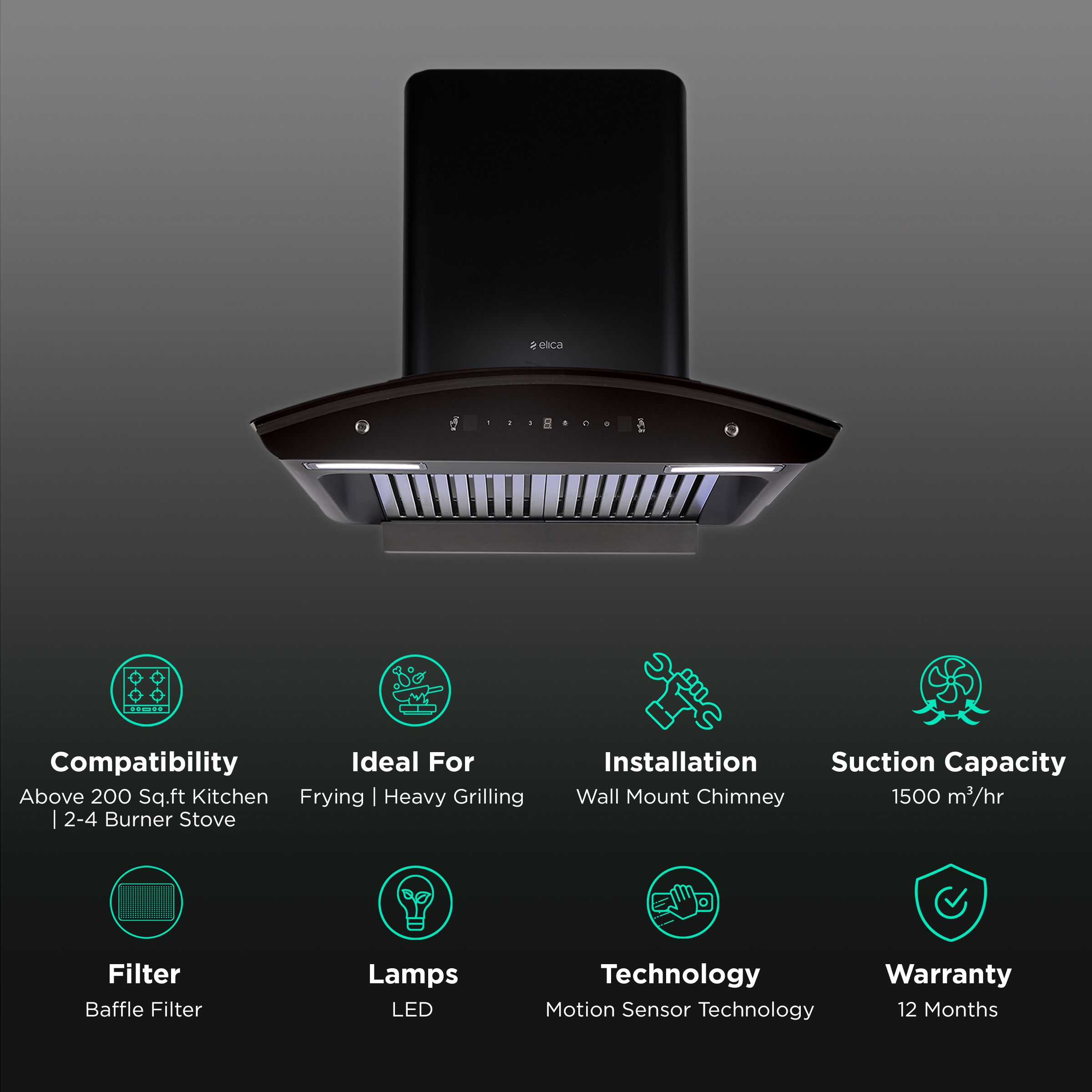 elica BFCG PLUS 600 HAC LTW MS NERO 60cm 1500m3/hr Ducted Auto Clean Wall Mounted Chimney with Motion Sensor (Black) elica BFCG PLUS 600 HAC LTW MS NERO 60cm 1500m3/hr Ducted Auto Clean Wall Mounted Chimney with Motion Sensor (Black)_3