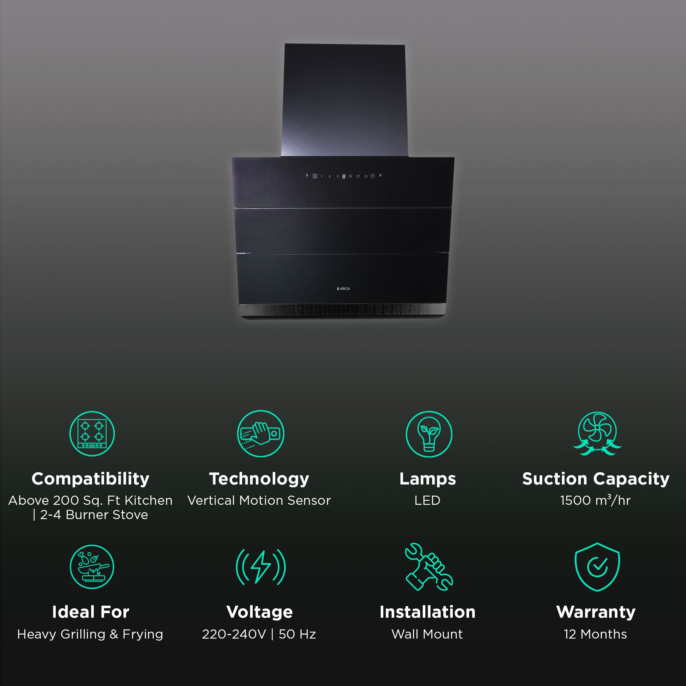 elica EFL S 601 ULTRA HAC LTW VMS 60cm 1500m3/hr Ducted Wall Mounted Chimney with LED Lamp (Black)_3