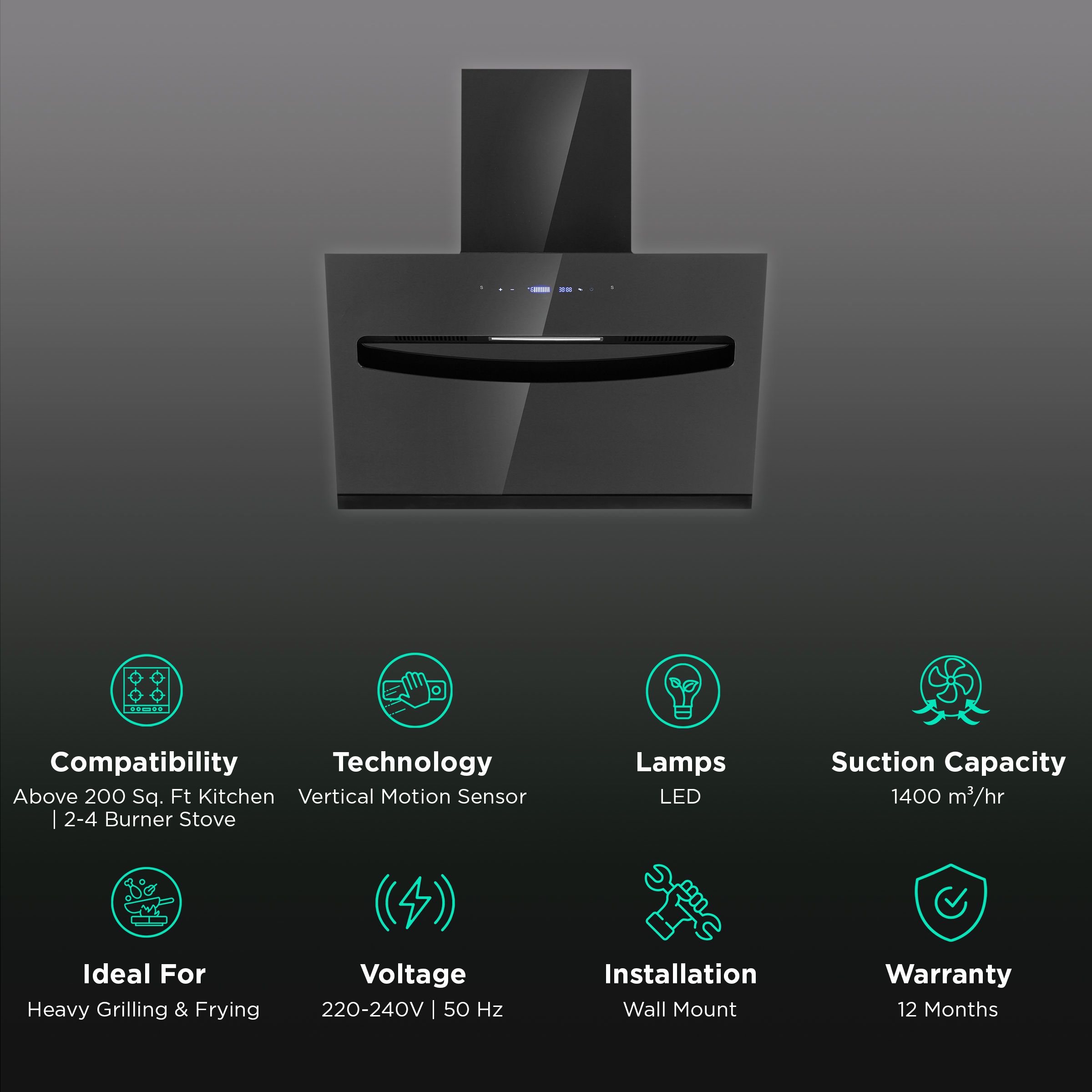 elica EFL S 607 BLDC HAC LTW VMS 60cm 1400m3/hr Ducted Auto Clean Wall Mounted Chimney with Vertical Motion Sensor (Black)_3