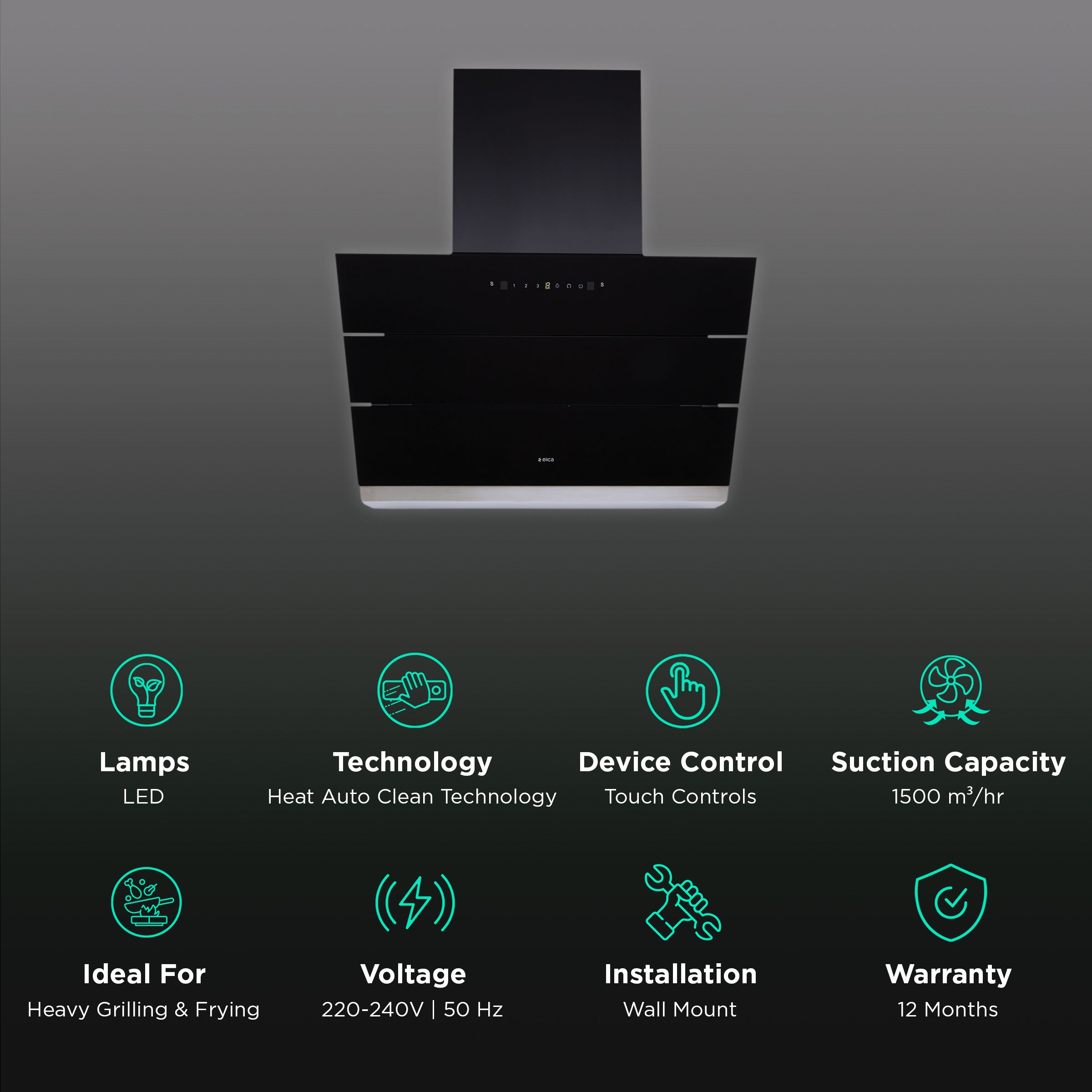 elica EFL S 751 ULTRA HAC LTW VMS 75cm 1500m3/hr Ducted Auto Clean Wall Mounted Chimney with Touch Control Panel (Black)_3