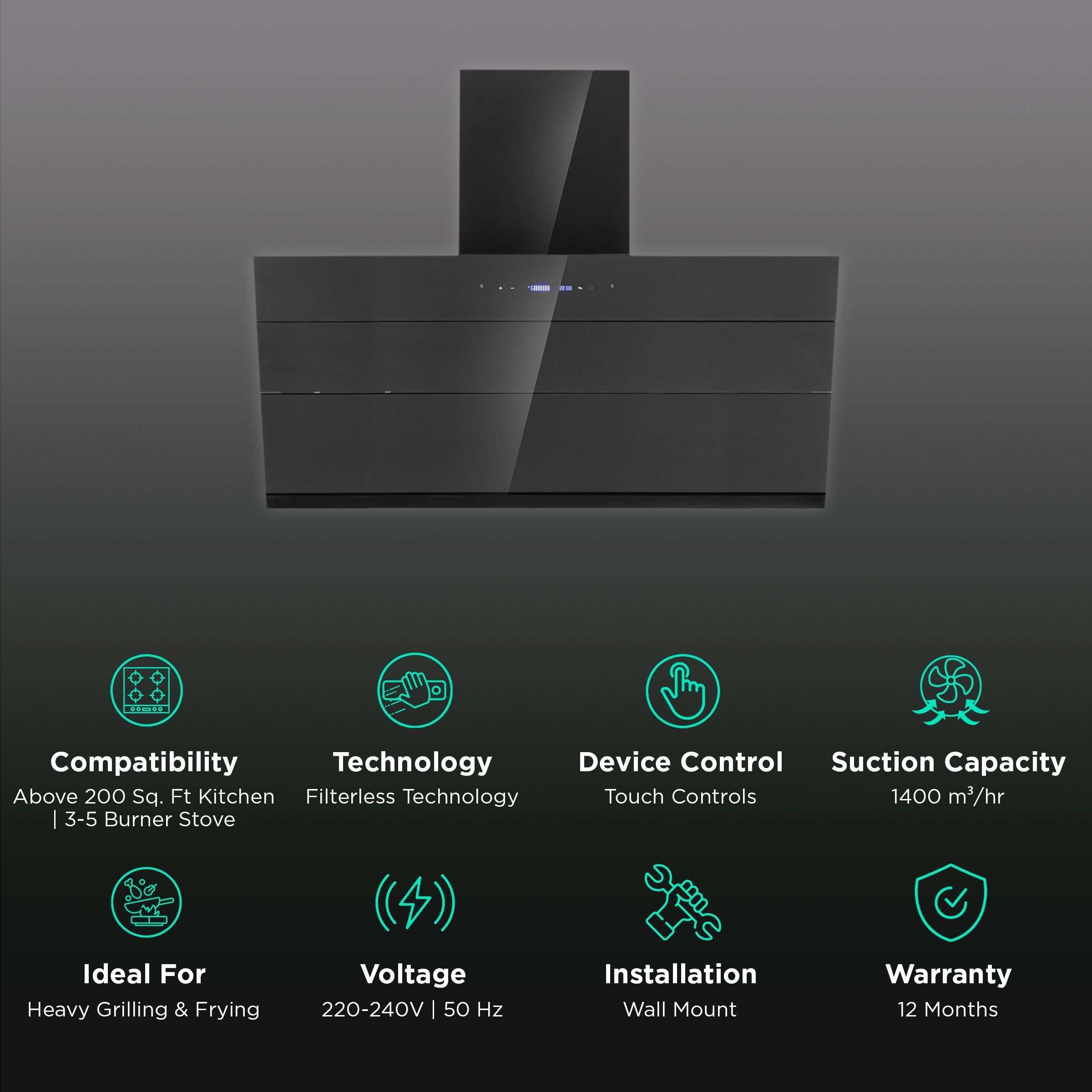 elica EFL S 911 BLDC HAC LTW VMS 90cm 1400m3/hr Ducted Auto Clean Wall Mounted Chimney with Touch Control Panel (Black) elica EFL S 911 BLDC HAC LTW VMS 90cm 1400m3/hr Ducted Auto Clean Wall Mounted Chimney with Touch Control Panel (Black)_3
