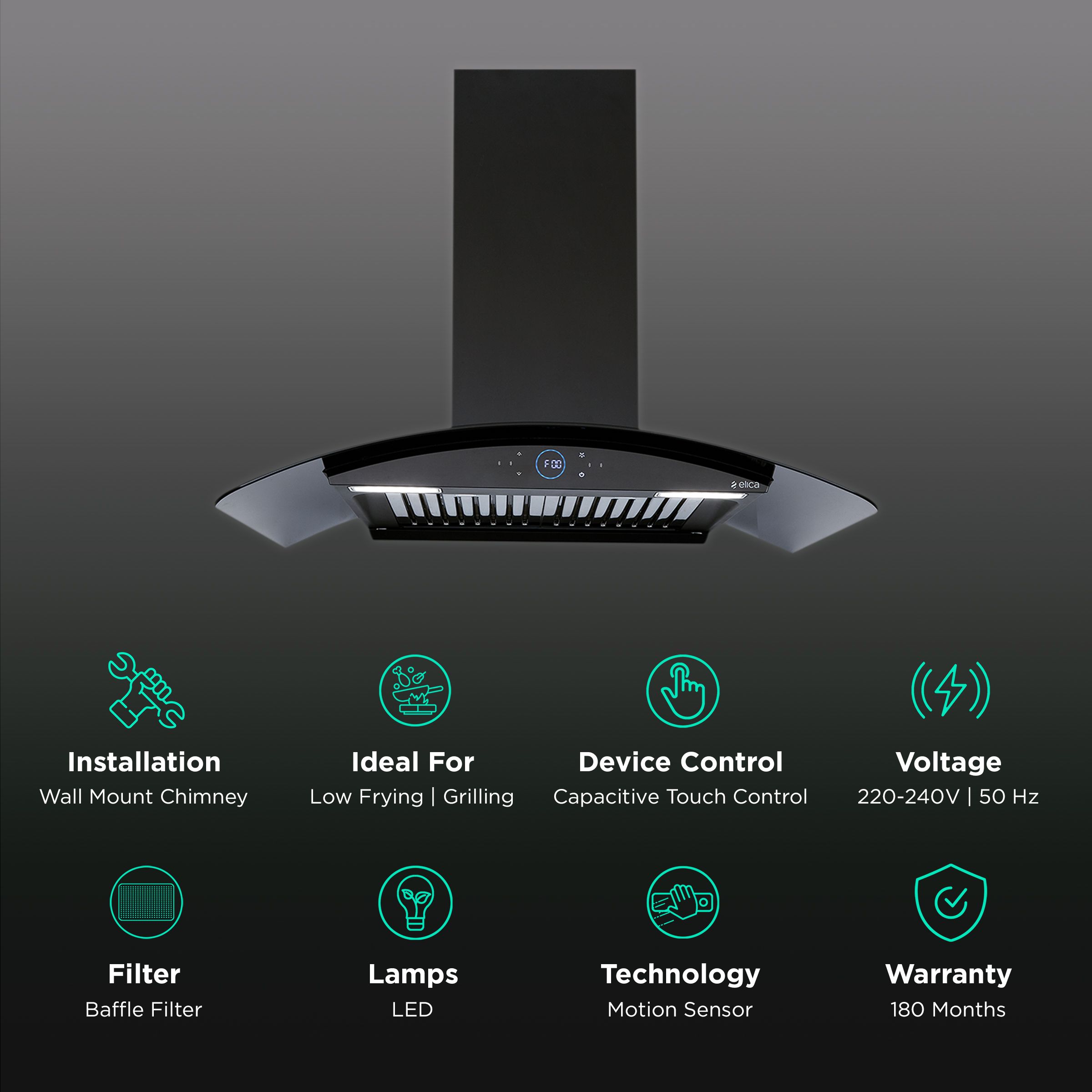 elica ISMART GLACE HAC BF LTW 75 NERO 75cm Ductless Wall Mounted Chimney with Capacitive Touch Controls (Black) elica ISMART GLACE HAC BF LTW 75 NERO 75cm Ductless Wall Mounted Chimney with Capacitive Touch Controls (Black)_3