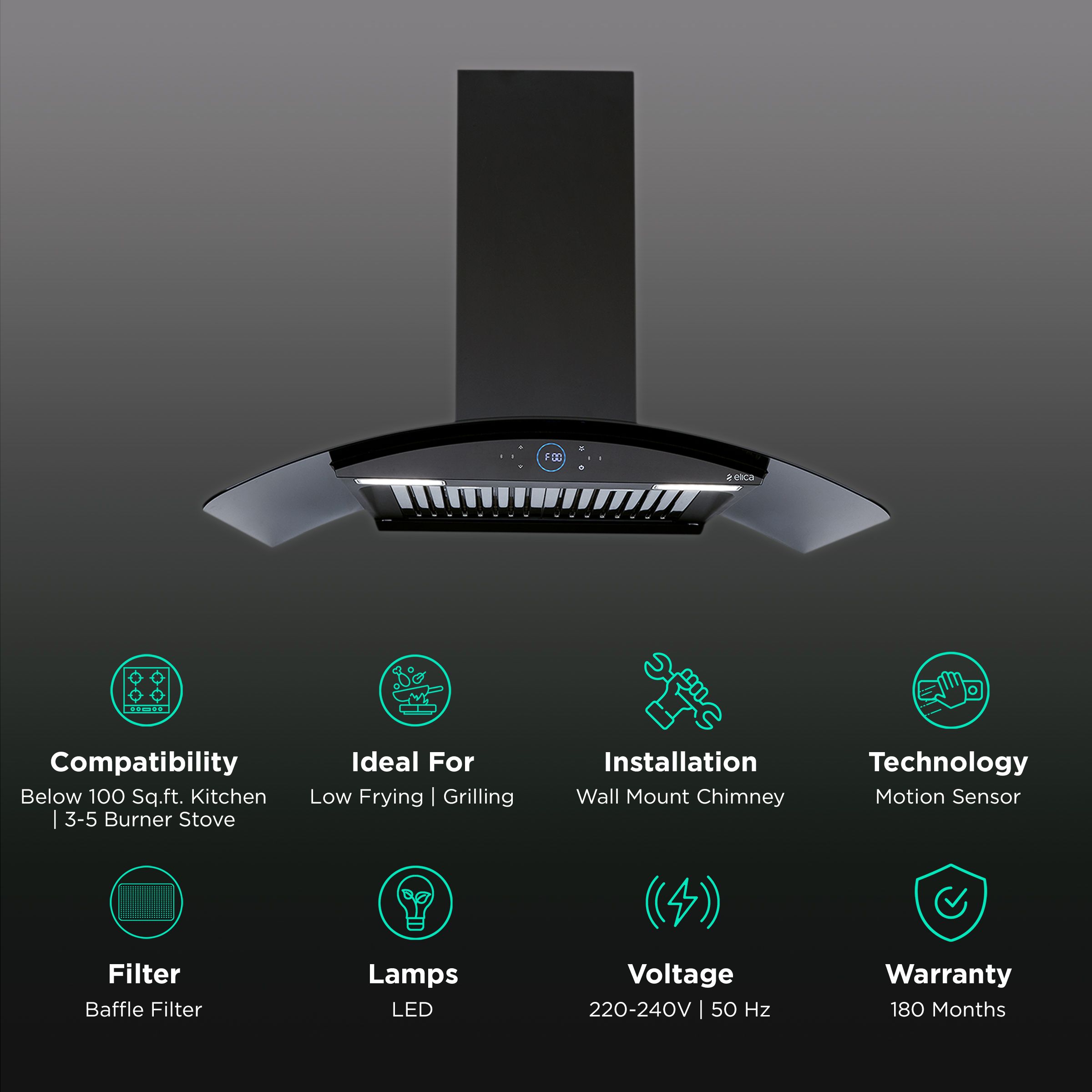 elica ISMART GLACE HAC BF LTW 90 NERO 90cm Ductless Wall Mounted Chimney with Powerful Suction (Black)_3