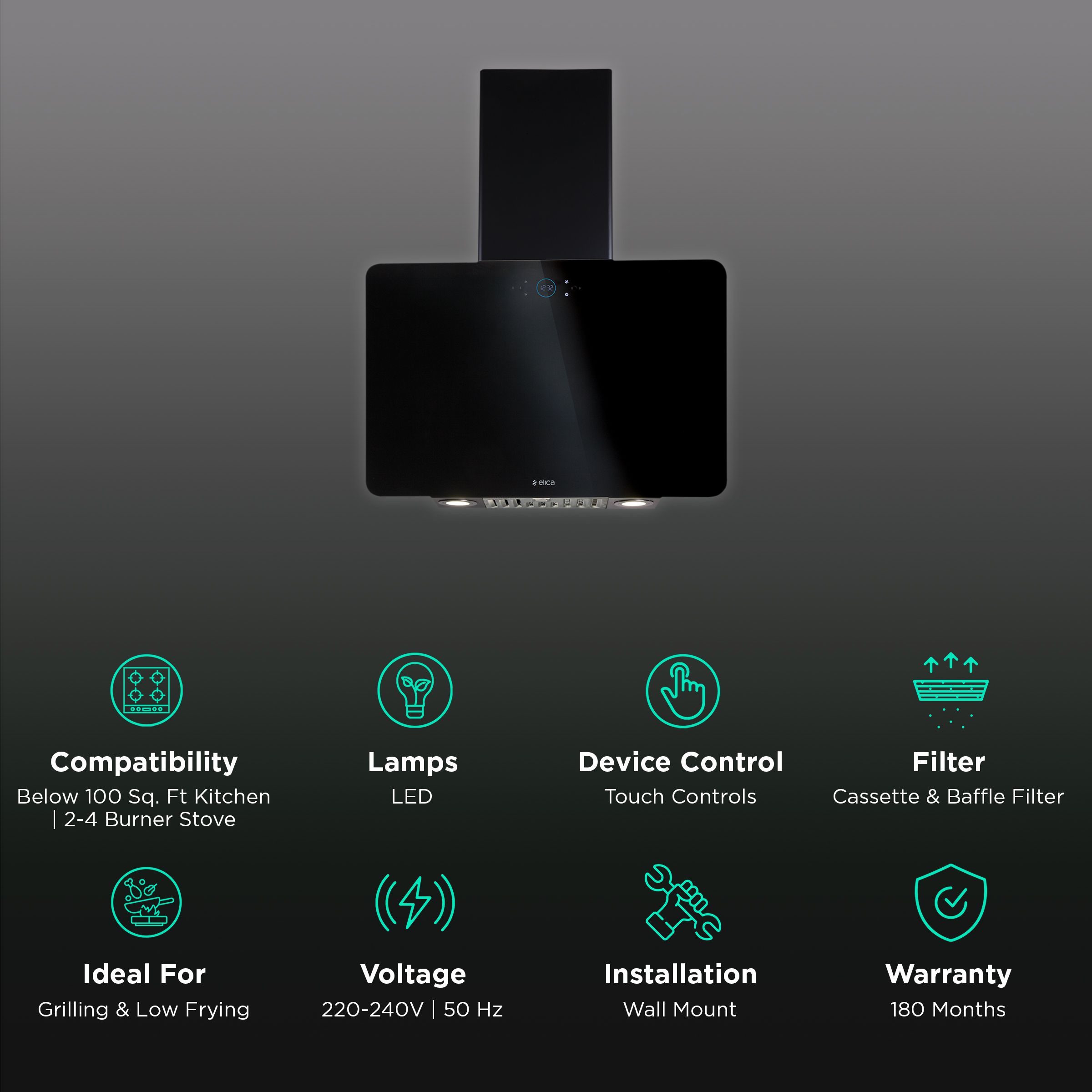 elica ISMART KITTY LTW 60 NERO 60cm Ducted Wall Mounted Chimney with Touch Control Panel (Black) elica ISMART KITTY LTW 60 NERO 60cm Ducted Wall Mounted Chimney with Touch Control Panel (Black)_3