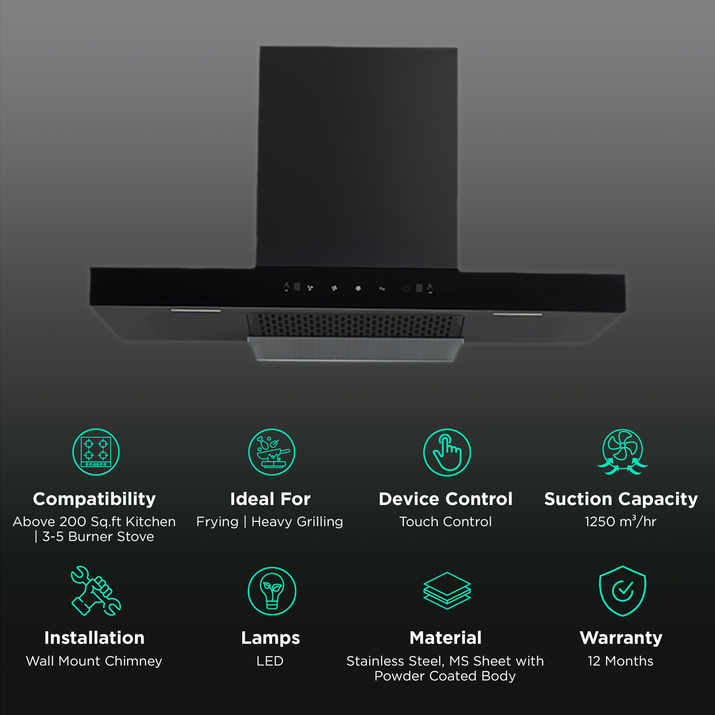 Kutchina Fascino 90cm 1250m3/hr Ducted Auto Clean Wall Mounted Chimney with Wave Sensor (Black)_3