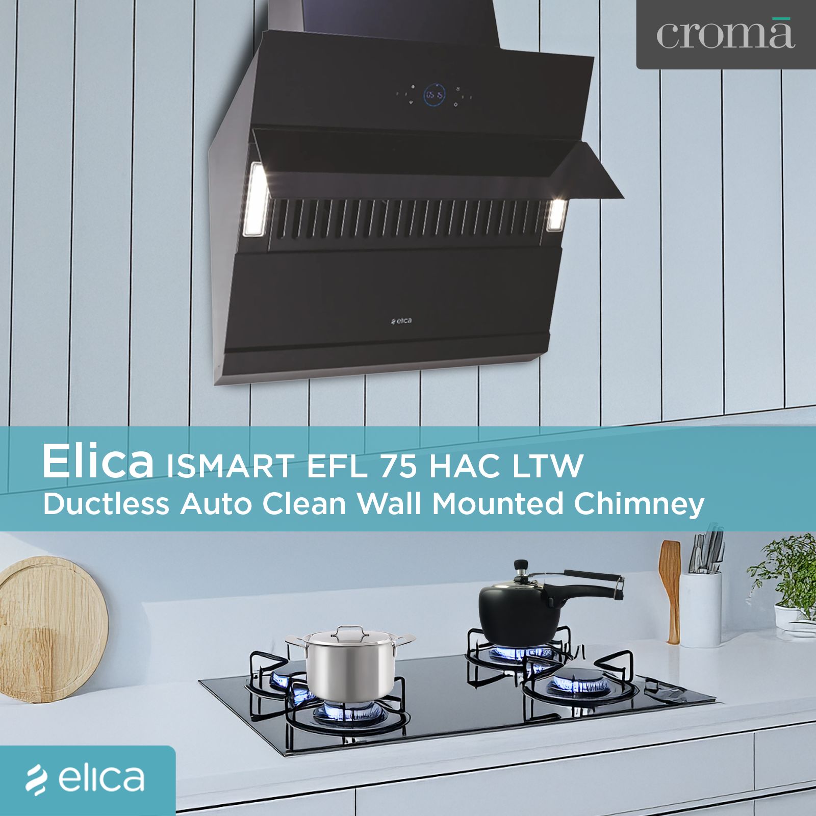 elica ISMART EFL 75 HAC LTW 75cm Ductless Auto Clean Wall Mounted Chimney with Powerful Suction (Black)_4