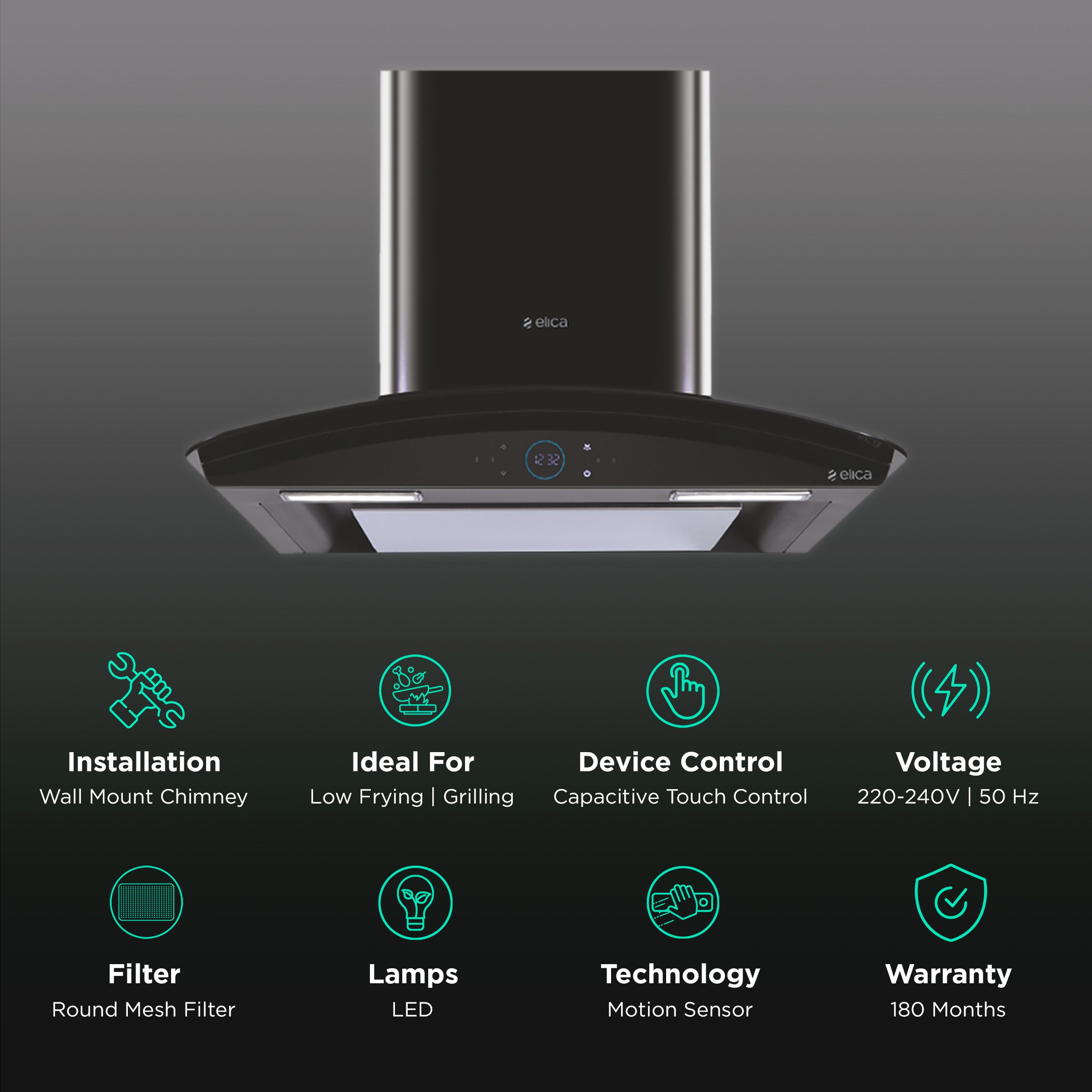 elica ISMART GLACE EDS LTW 75 NERO 75cm Ductless Wall Mounted Chimney with Capacitive Touch Controls (Black) elica ISMART GLACE EDS LTW 75 NERO 75cm Ductless Wall Mounted Chimney with Capacitive Touch Controls (Black)_3