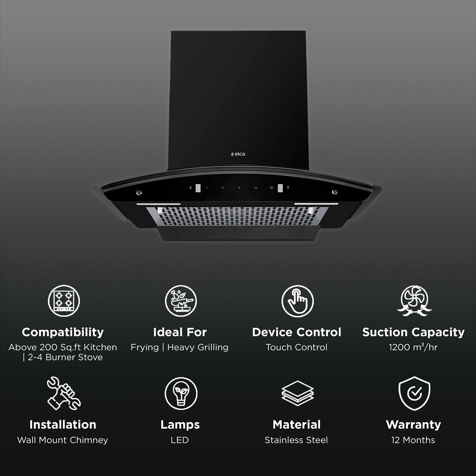 elica FL 600 SLIM HAC MS NERO 60cm 1200m3/hr Ducted Auto Clean Wall Mounted Chimney with Touch Control Panel (Black) elica FL 600 SLIM HAC MS NERO 60cm 1200m3/hr Ducted Auto Clean Wall Mounted Chimney with Touch Control Panel (Black)_3