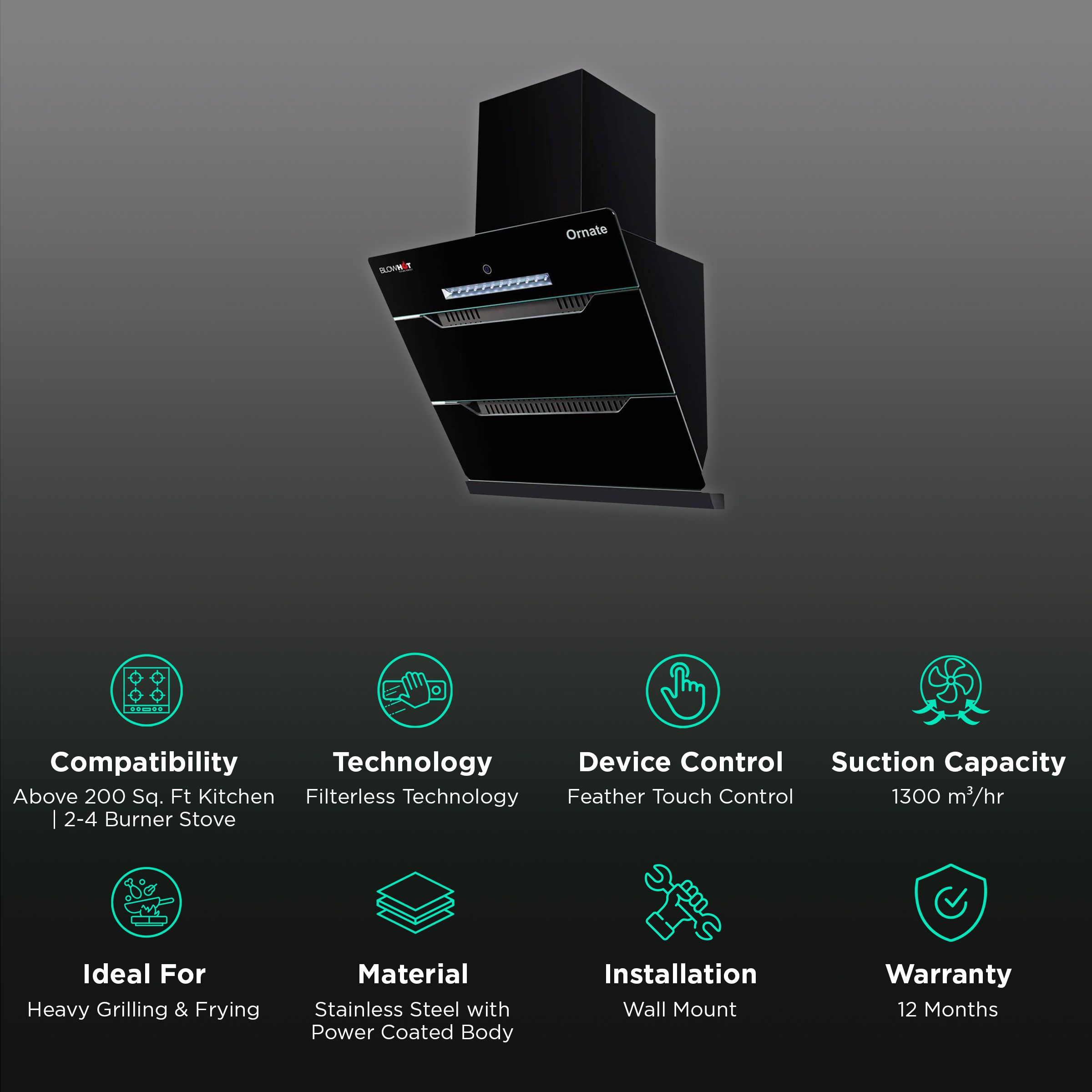 BLOWHOT Ornate BAC 60cm 1300m3/hr Ducted Auto Clean Wall Mounted Chimney with Feather Touch Control (Black) BLOWHOT Ornate BAC 60cm 1300m3/hr Ducted Auto Clean Wall Mounted Chimney with Feather Touch Control (Black)_3