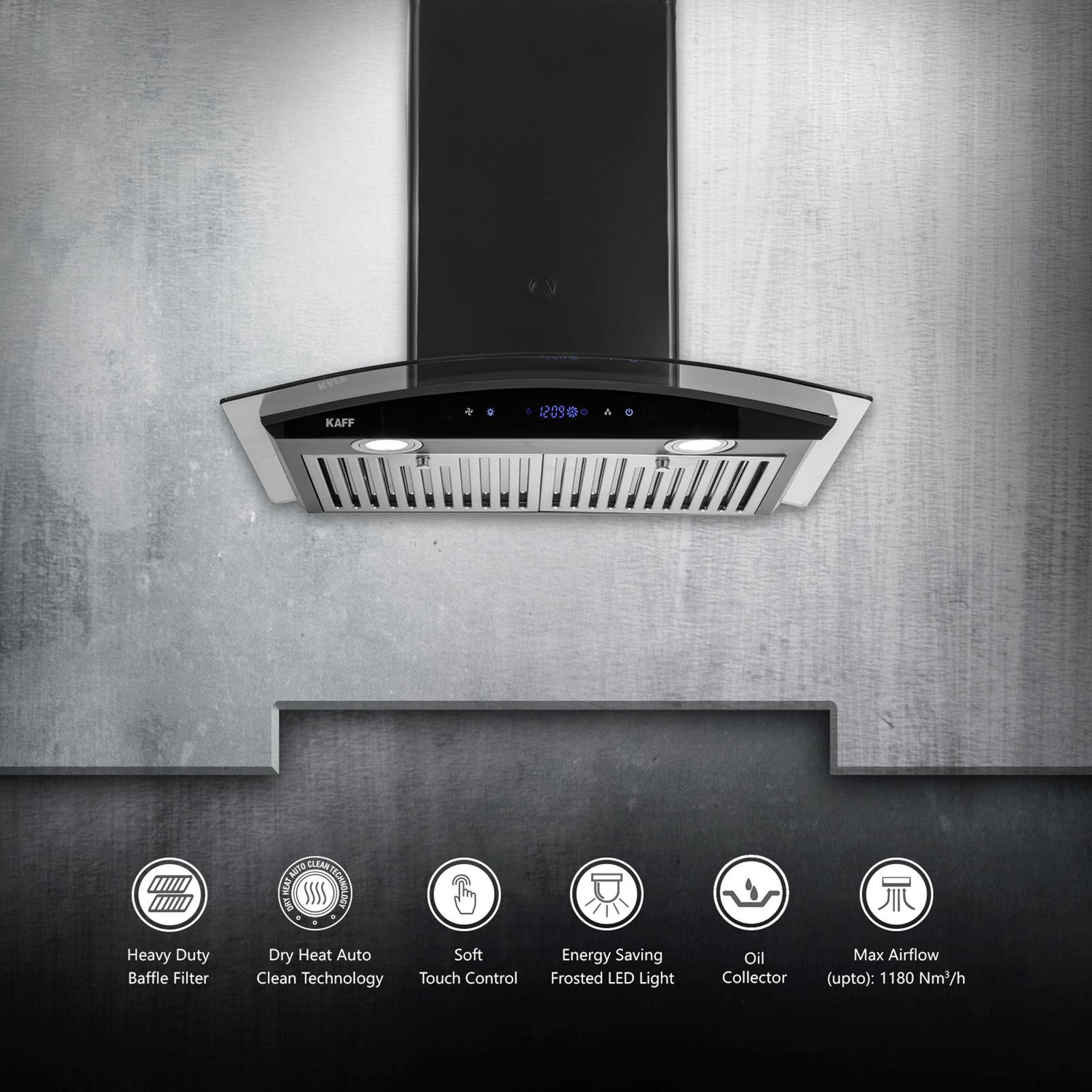 KAFF OPEC TX DHC 60cm 1180m3/hr Ducted Auto Clean Wall Mounted Chimney with Digital Display (Black) KAFF OPEC TX DHC 60cm 1180m3/hr Ducted Auto Clean Wall Mounted Chimney with Digital Display (Black)_11