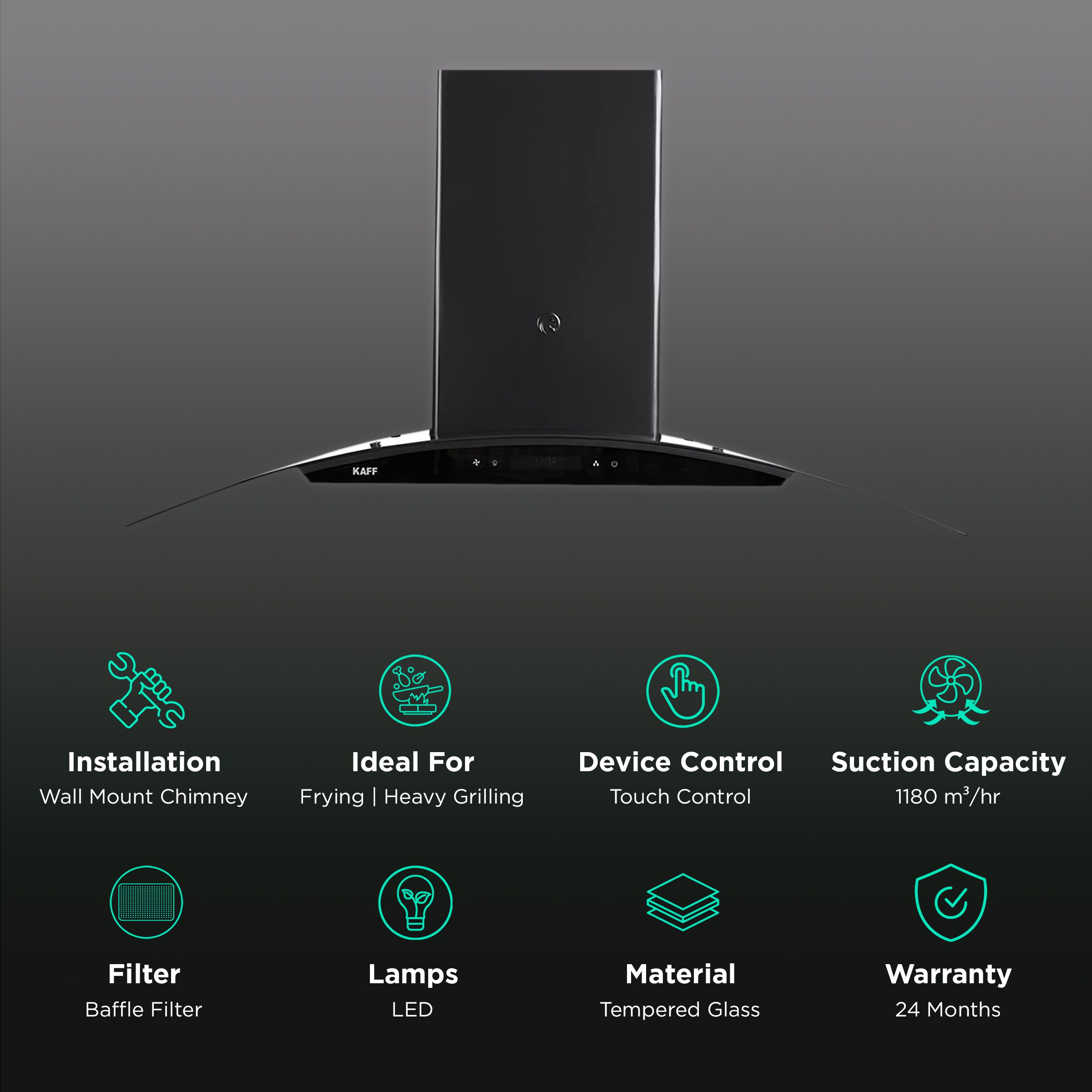 KAFF OPEC TX DHC 70cm 1180m3/hr Ducted Auto Clean Wall Mounted Chimney with Digital Display (Black) KAFF OPEC TX DHC 70cm 1180m3/hr Ducted Auto Clean Wall Mounted Chimney with Digital Display (Black)_3