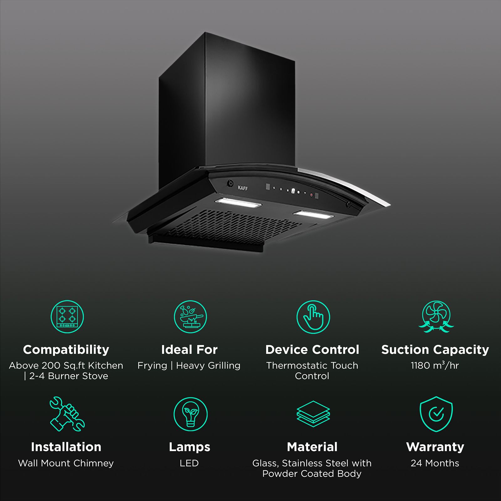 KAFF MAINZ DHC 60cm 1200m3/hr Ducted Auto Clean Wall Mounted Chimney with Thermostatic Touch Control Panel (Black) KAFF MAINZ DHC 60cm 1200m3/hr Ducted Auto Clean Wall Mounted Chimney with Thermostatic Touch Control Panel (Black)_3