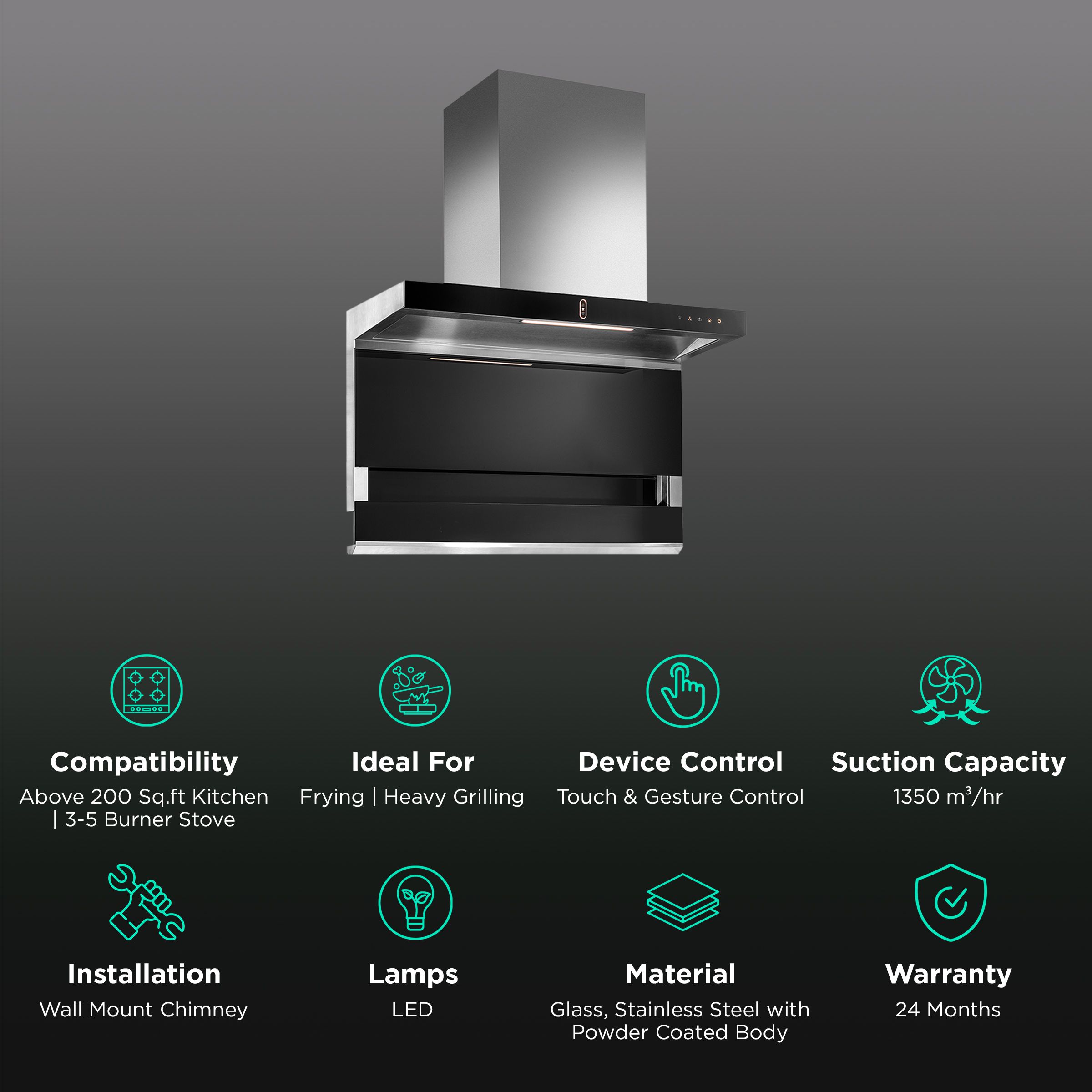 KAFF FALMARC DHC 90-A 90cm 1350m3/hr Ducted Auto Clean Wall Mounted Chimney with Touch & Gesture Control (Black)_3