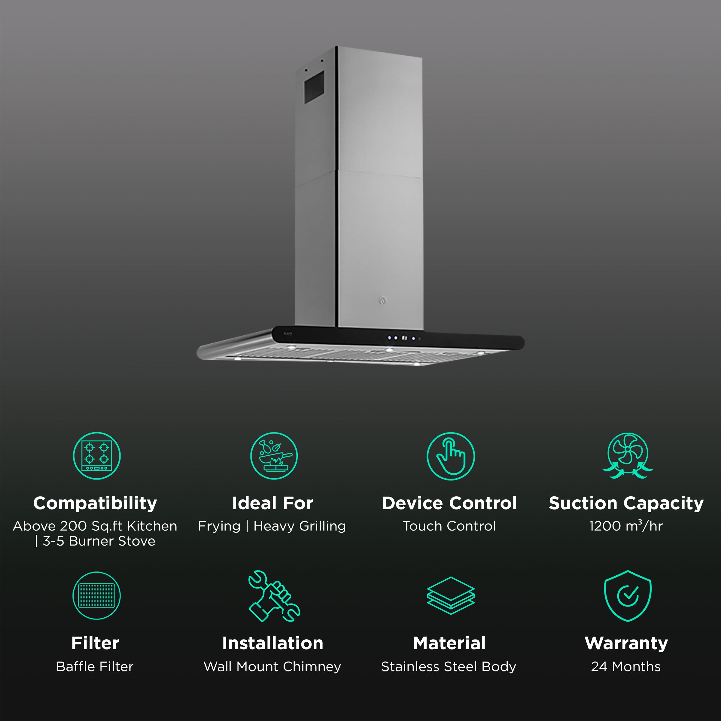 KAFF CANARY DHC BF IS 90cm 1200m3/hr Ducted Auto Clean Wall Mounted Chimney with Digital Display (Silver) KAFF CANARY DHC BF IS 90cm 1200m3/hr Ducted Auto Clean Wall Mounted Chimney with Digital Display (Silver)_3