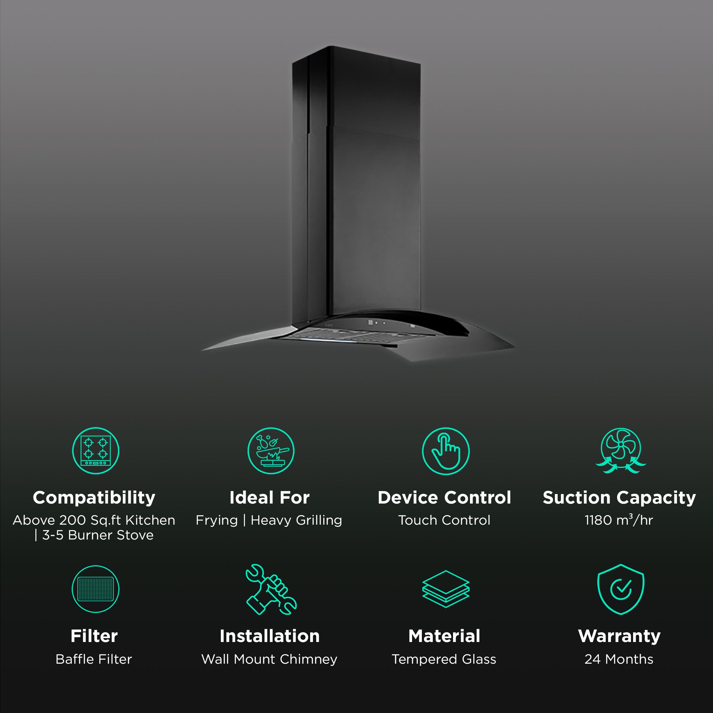 KAFF OPEC DHC BLK IS 90cm 1180m3/hr Ducted Auto Clean Wall Mounted Chimney with Digital Display (Black) KAFF OPEC DHC BLK IS 90cm 1180m3/hr Ducted Auto Clean Wall Mounted Chimney with Digital Display (Black)_3
