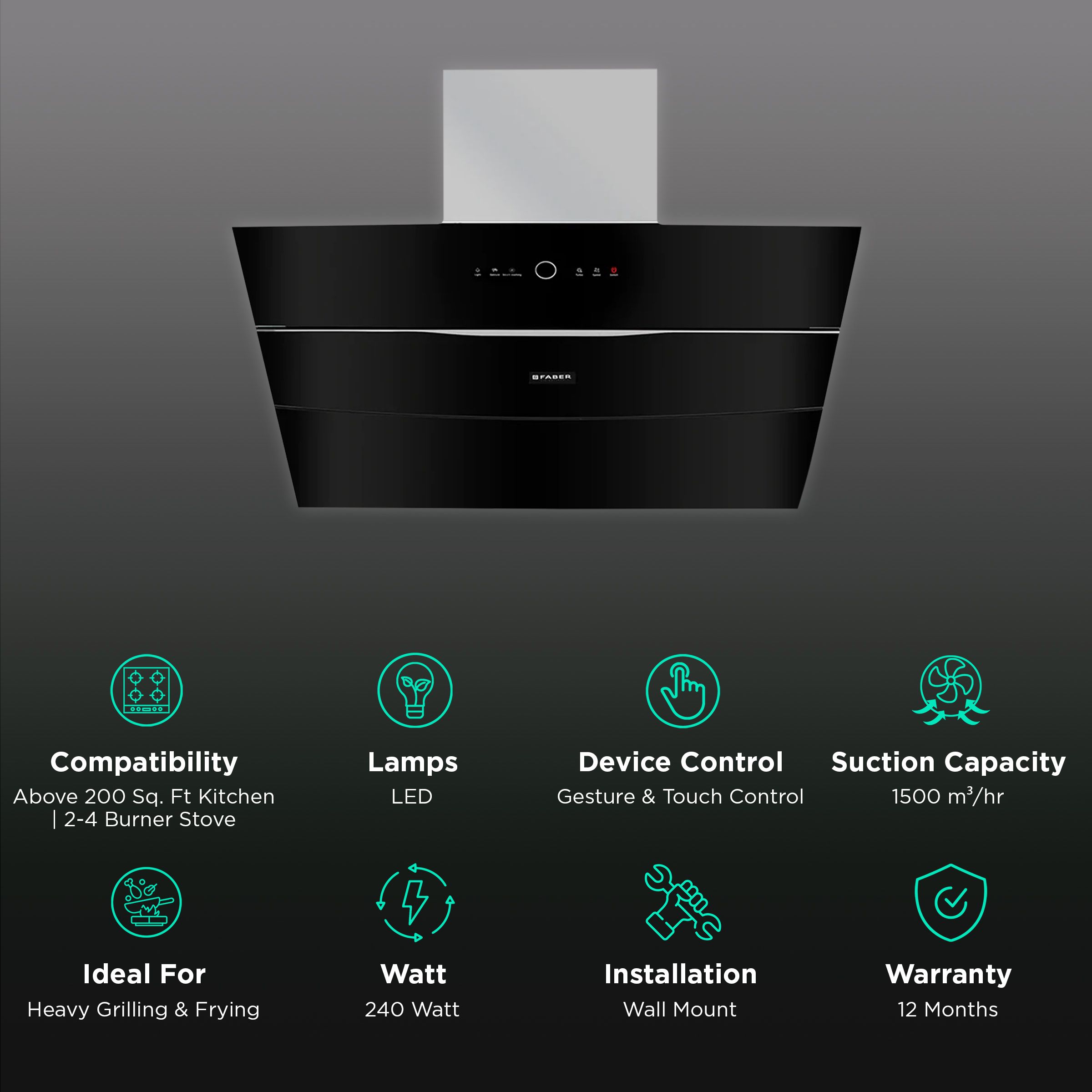 FABER BOLT FL SW SC BK N 60cm 1500m3/hr Ducted Auto Clean Wall Mounted Chimney with Gesture & Touch Control (Black)_3