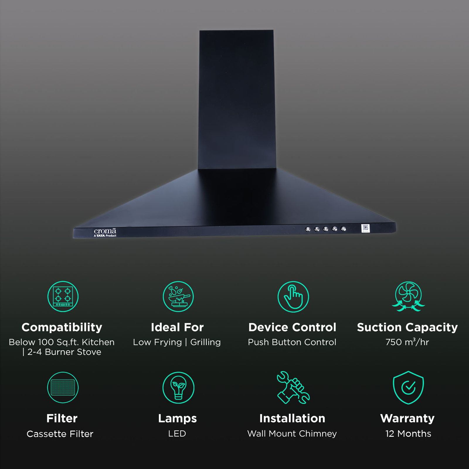 Croma 60cm 750m3/hr Ducted Wall Mounted Chimney with Push Button Control (Black) Croma 60cm 750m3/hr Ducted Wall Mounted Chimney with Push Button Control (Black)_3