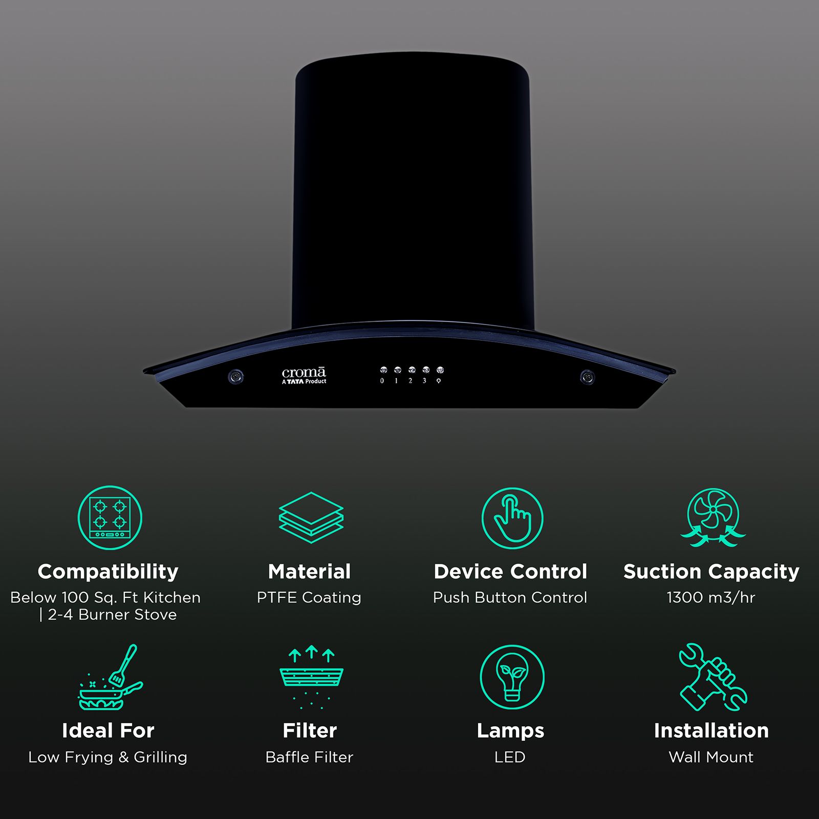 Croma 60cm 1300m3/hr Ducted Baffle Filter Wall Mounted Chimney with Push Button Control (Black) Croma 60cm 1300m3/hr Ducted Baffle Filter Wall Mounted Chimney with Push Button Control (Black)_2