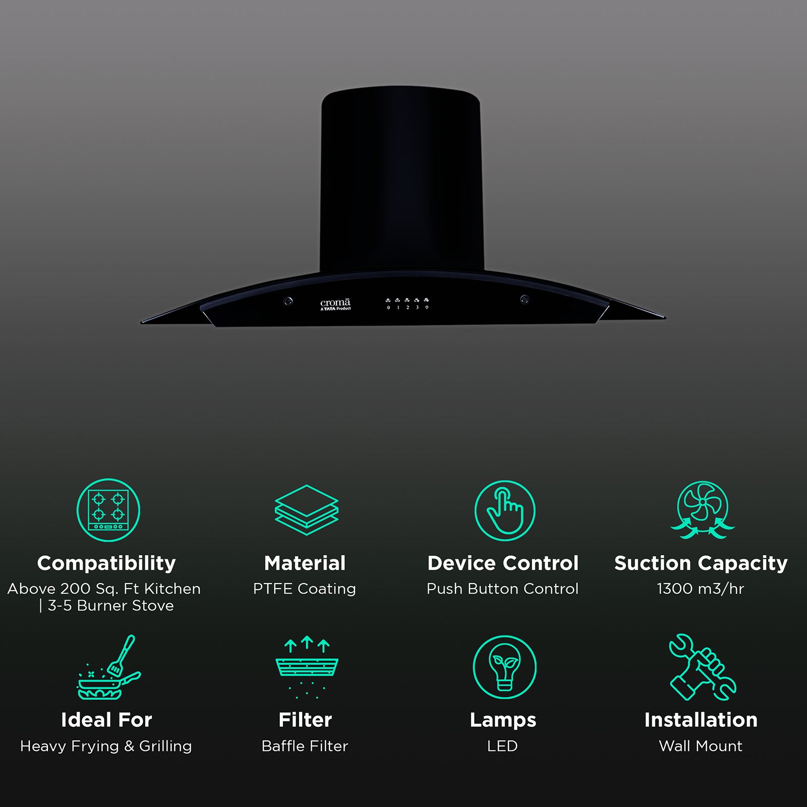 Croma Advencio 90cm 1300m3/hr Ducted Wall Mounted Chimney with Push Button Control (Black)_2
