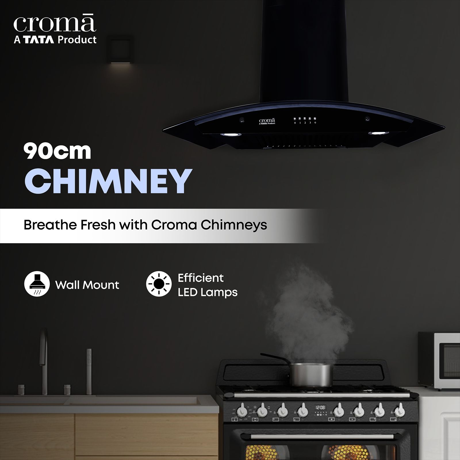 Croma Advencio 90cm 1300m3/hr Ducted Wall Mounted Chimney with Push Button Control (Black)_8