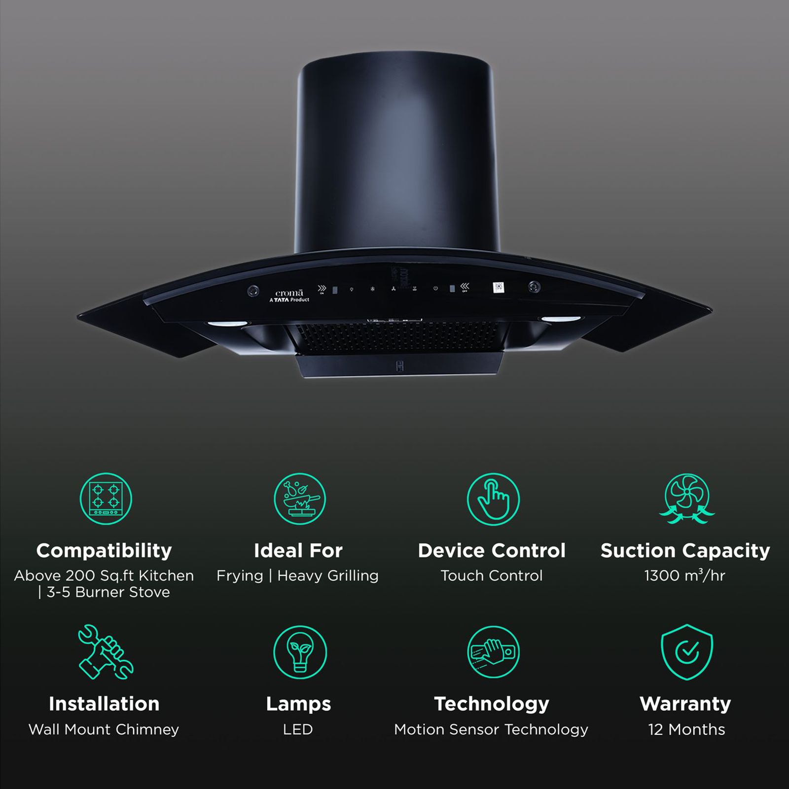 Croma 90cm 1300m3/hr Ducted Auto Clean Wall Mounted Chimney with Touch & Gesture Control (Black)_3