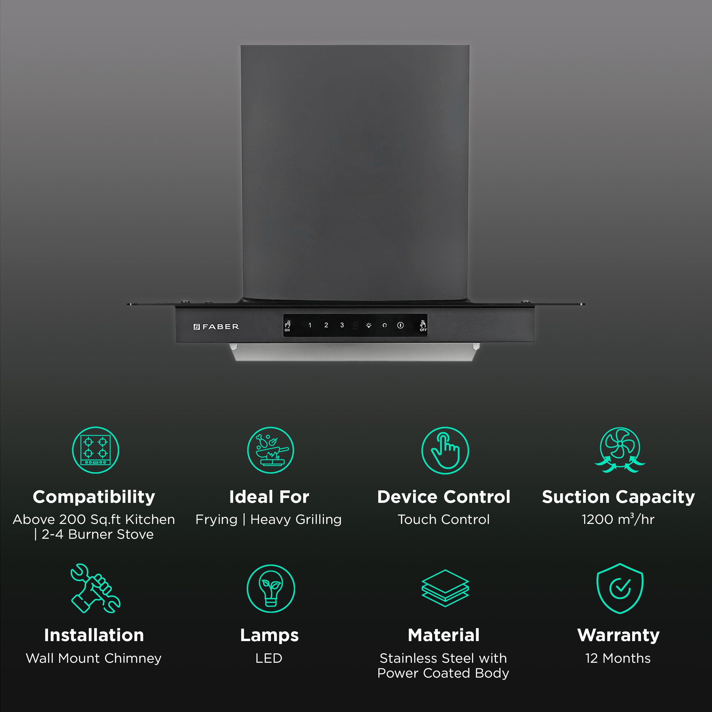 FABER Mercury Pro HC SC FL BK 60cm 1200m3/hr Ducted Auto Clean Wall Mounted Chimney with Touch Control Panel (Black)_3