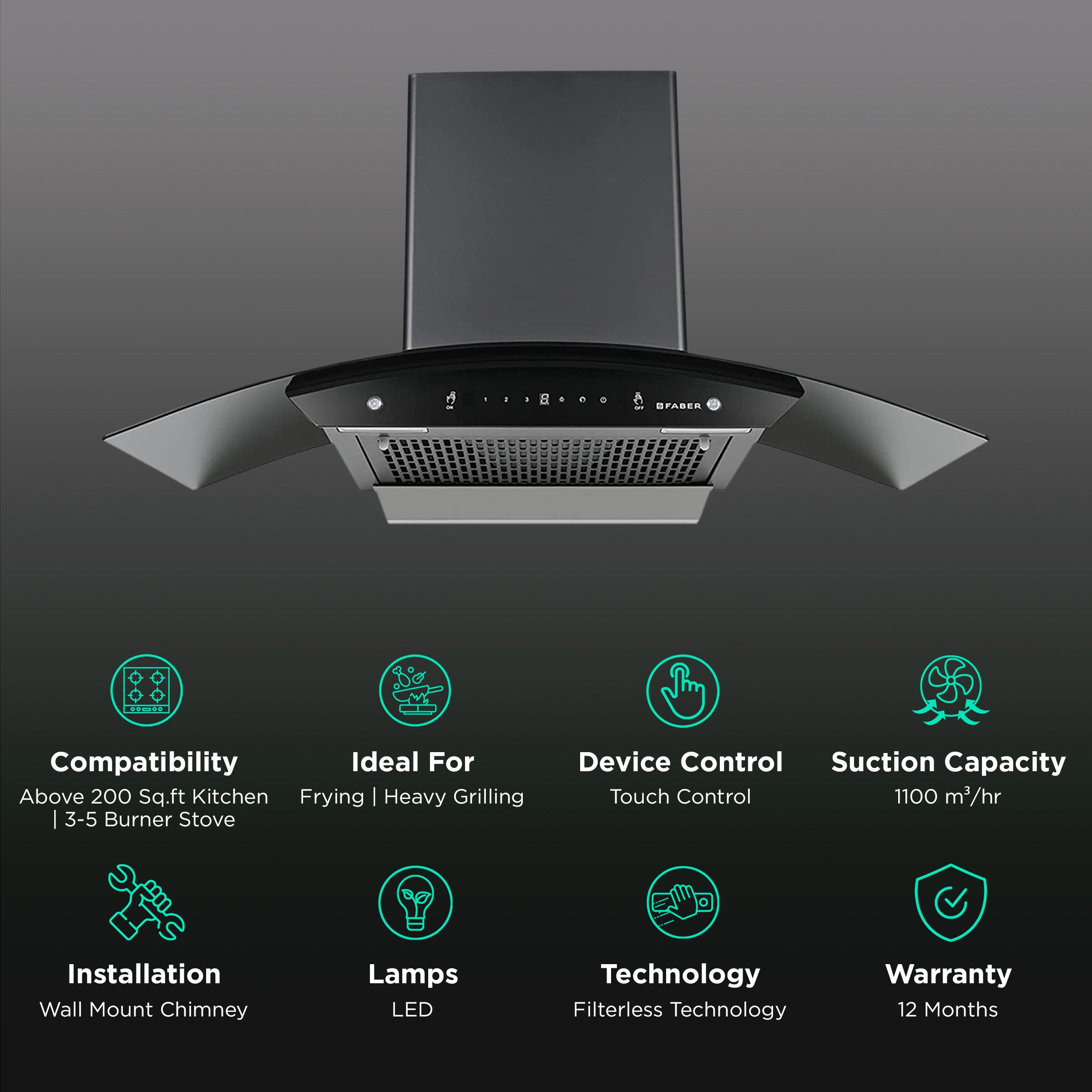 FABER Zest HC SC FL BK 90cm 1100m3/hr Ducted Auto Clean Wall Mounted Chimney with Touch Control (Black) FABER Zest HC SC FL BK 90cm 1100m3/hr Ducted Auto Clean Wall Mounted Chimney with Touch Control (Black)_3