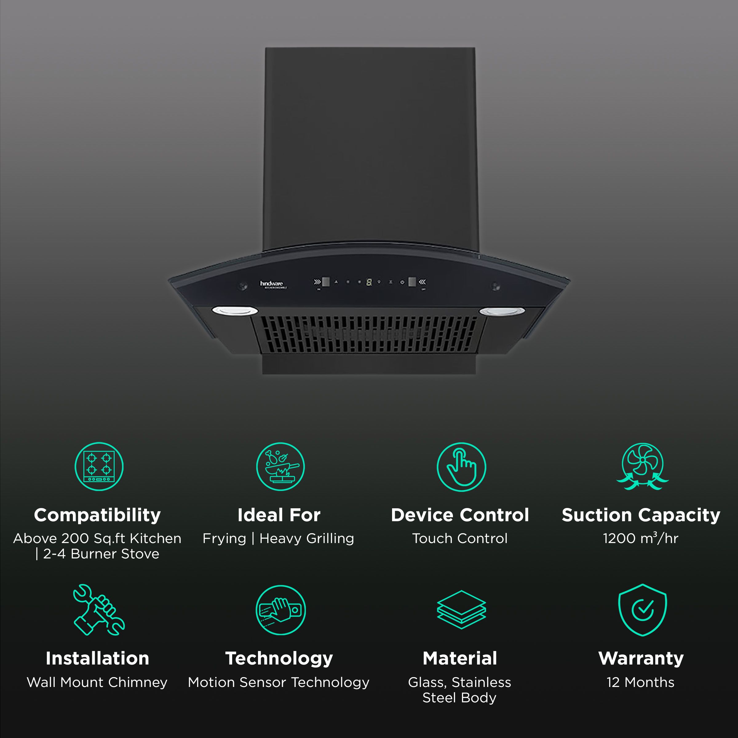 hindware Chromia 60cm 1200m3/hr Ducted Auto Clean Wall Mounted Chimney with Touch Control (Black) hindware Chromia 60cm 1200m3/hr Ducted Auto Clean Wall Mounted Chimney with Touch Control (Black)_3