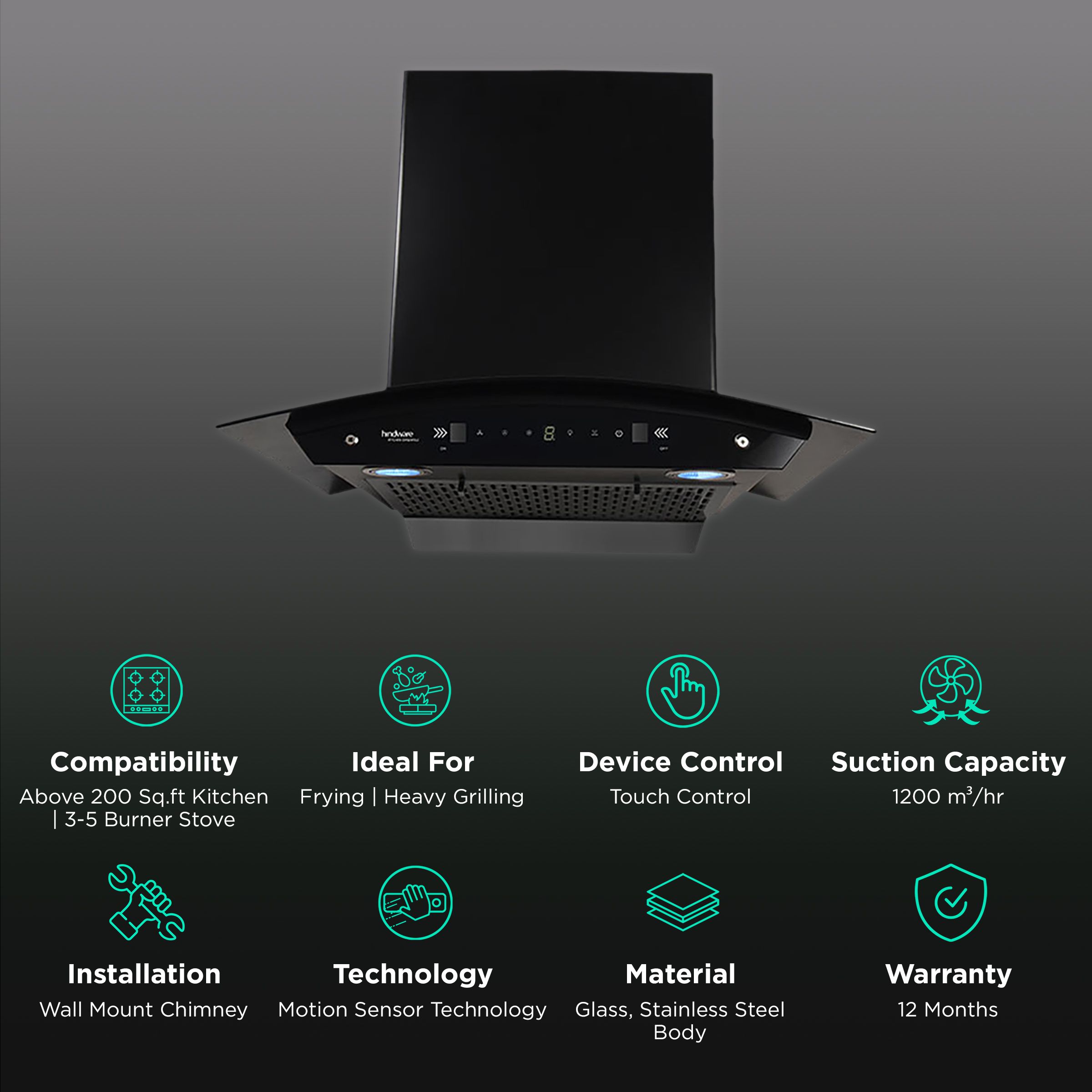 hindware Chromia 90cm 1200m3/hr Ducted Auto Clean Wall Mounted Chimney with Touch Control (Black) hindware Chromia 90cm 1200m3/hr Ducted Auto Clean Wall Mounted Chimney with Touch Control (Black)_3