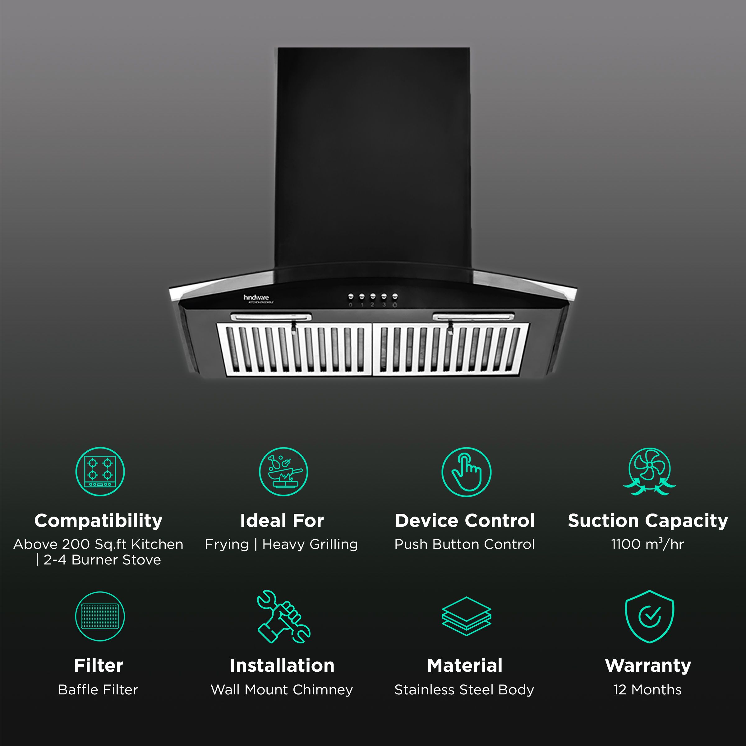 hindware Fabio 60cm 1100m3/hr Ducted Wall Mounted Chimney with Push Button Control (Black)_3