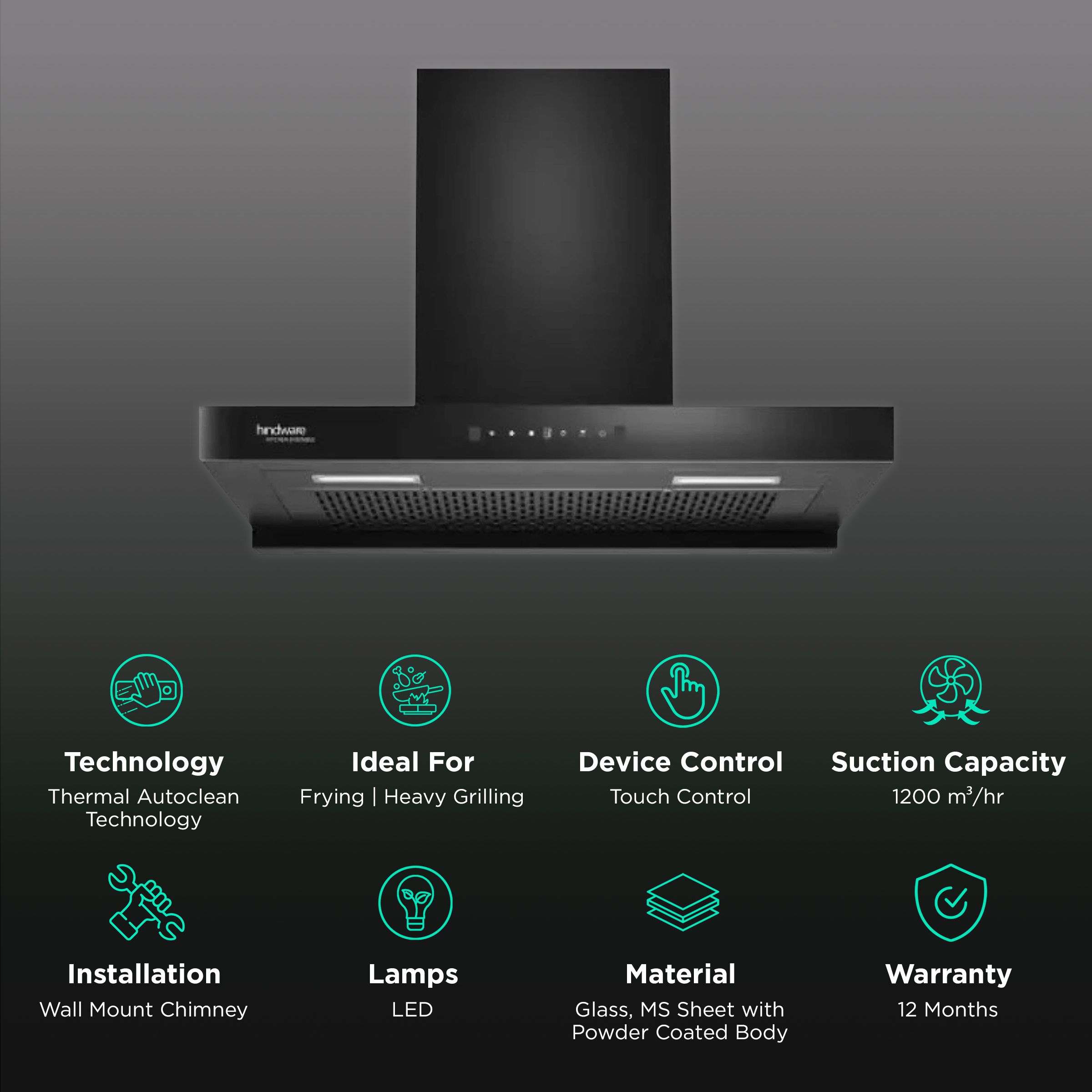 hindware Darcia 75cm 1200m3/hr Ducted Auto Clean Wall Mounted Chimney with Motion Sensor (Black) hindware Darcia 75cm 1200m3/hr Ducted Auto Clean Wall Mounted Chimney with Motion Sensor (Black)_3