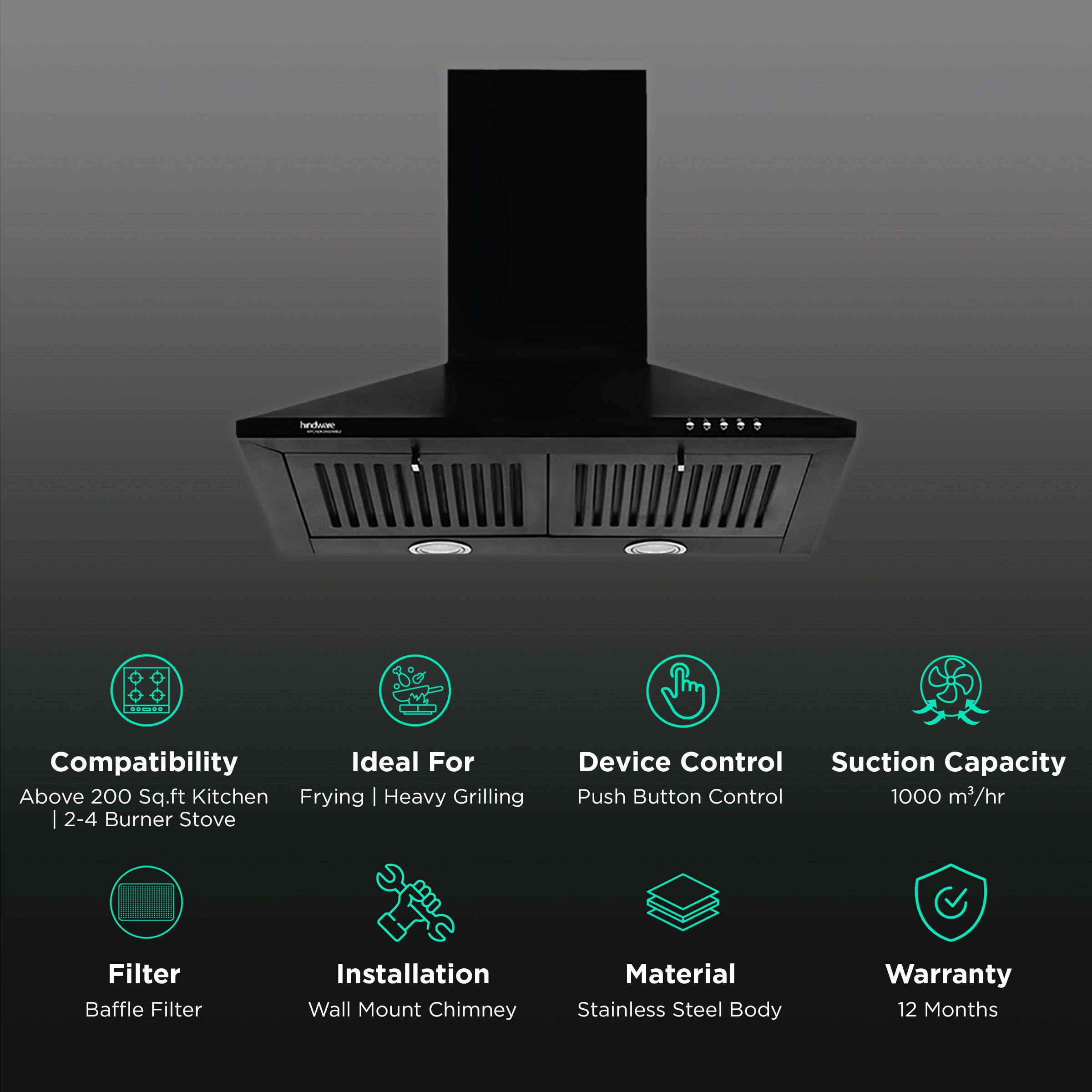 hindware Myra 60cm 1000m3/hr Ducted Auto Clean Wall Mounted Chimney with Push Button Control (Black) hindware Myra 60cm 1000m3/hr Ducted Auto Clean Wall Mounted Chimney with Push Button Control (Black)_3