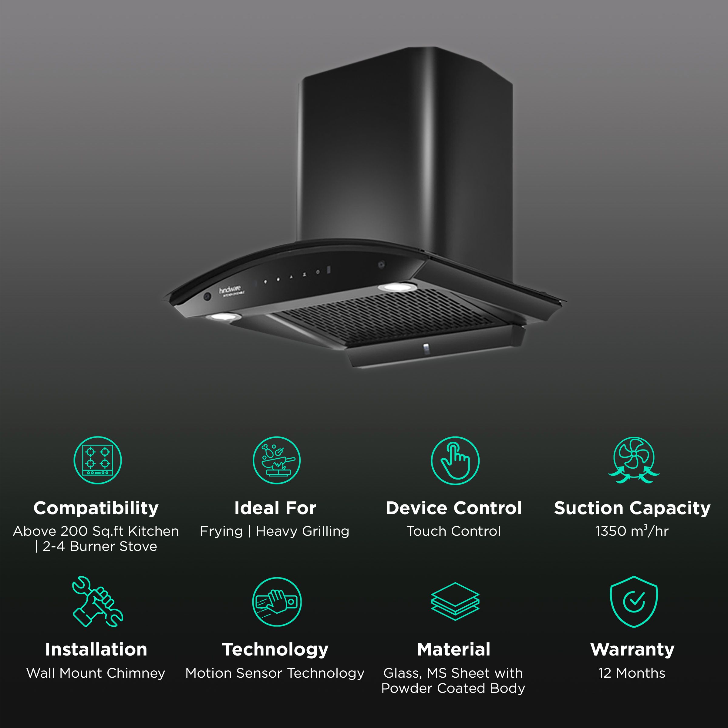 hindware Celesia 60cm 1500m3/hr Ducted Auto Clean Wall Mounted Chimney with Touch Control (Black)_3