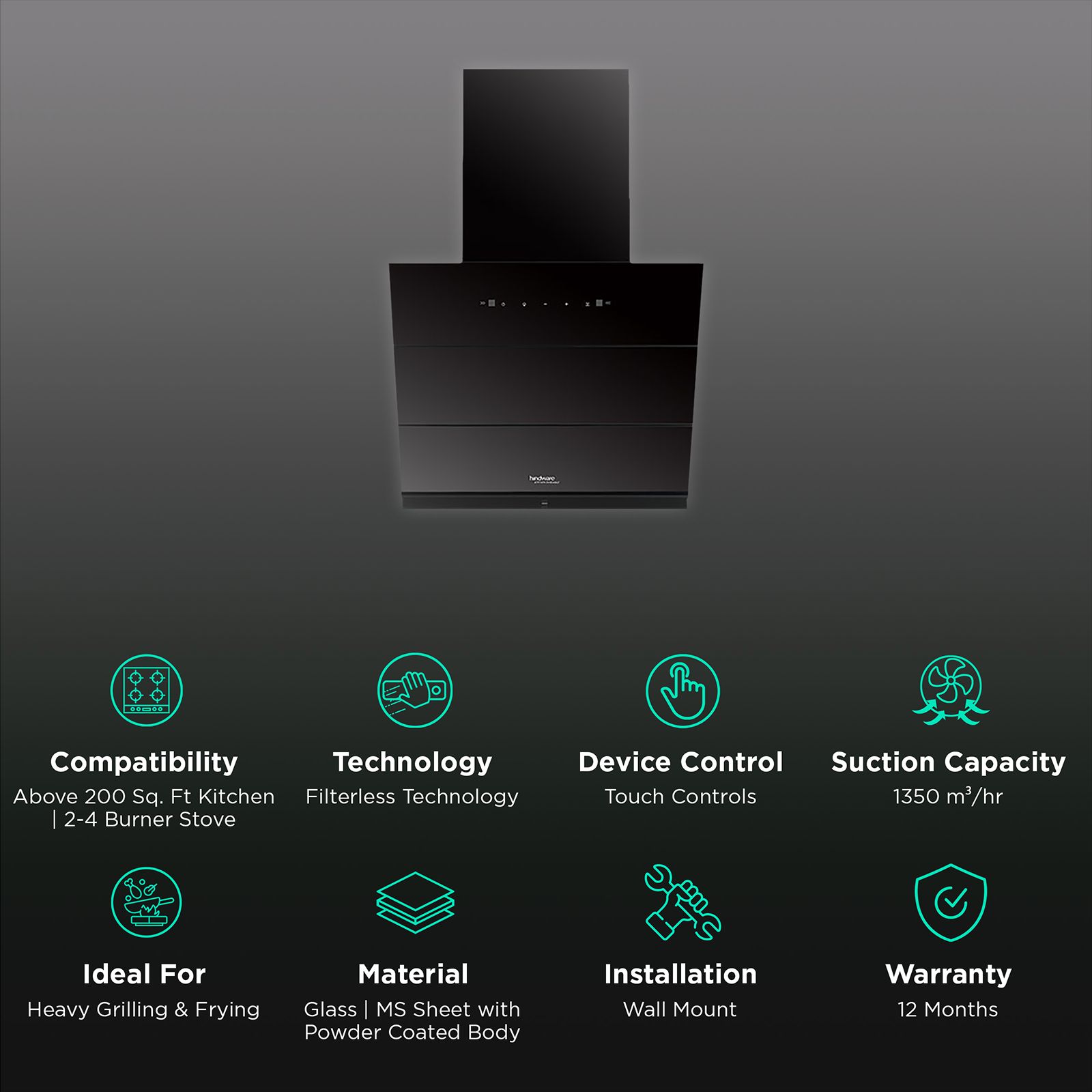 hindware Lexia 60cm 1350m3/hr Ducted Auto Clean Wall Mounted Chimney with Touch Control (Black) hindware Lexia 60cm 1350m3/hr Ducted Auto Clean Wall Mounted Chimney with Touch Control (Black)_3