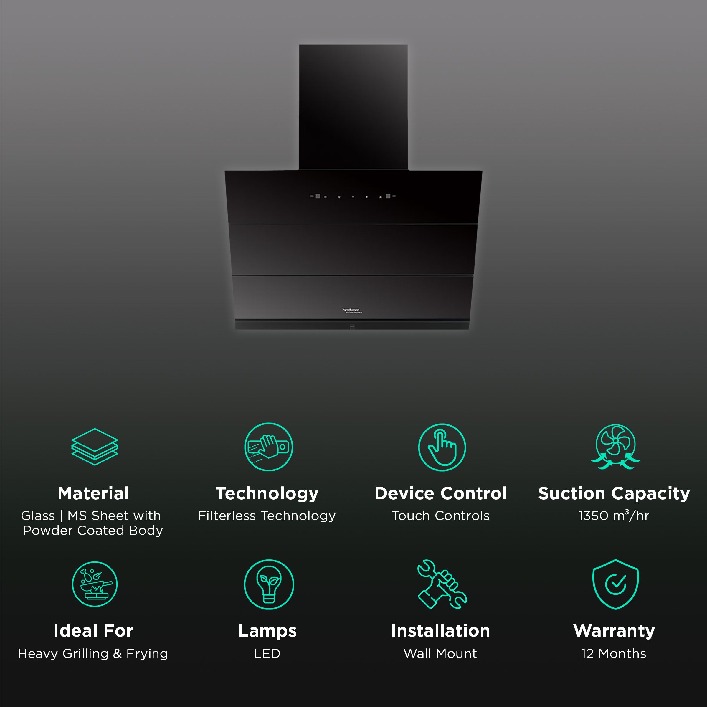 hindware Lexia 75cm 1350m3/hr Ducted Auto Clean Wall Mounted Chimney with Touch Control (Black)_3