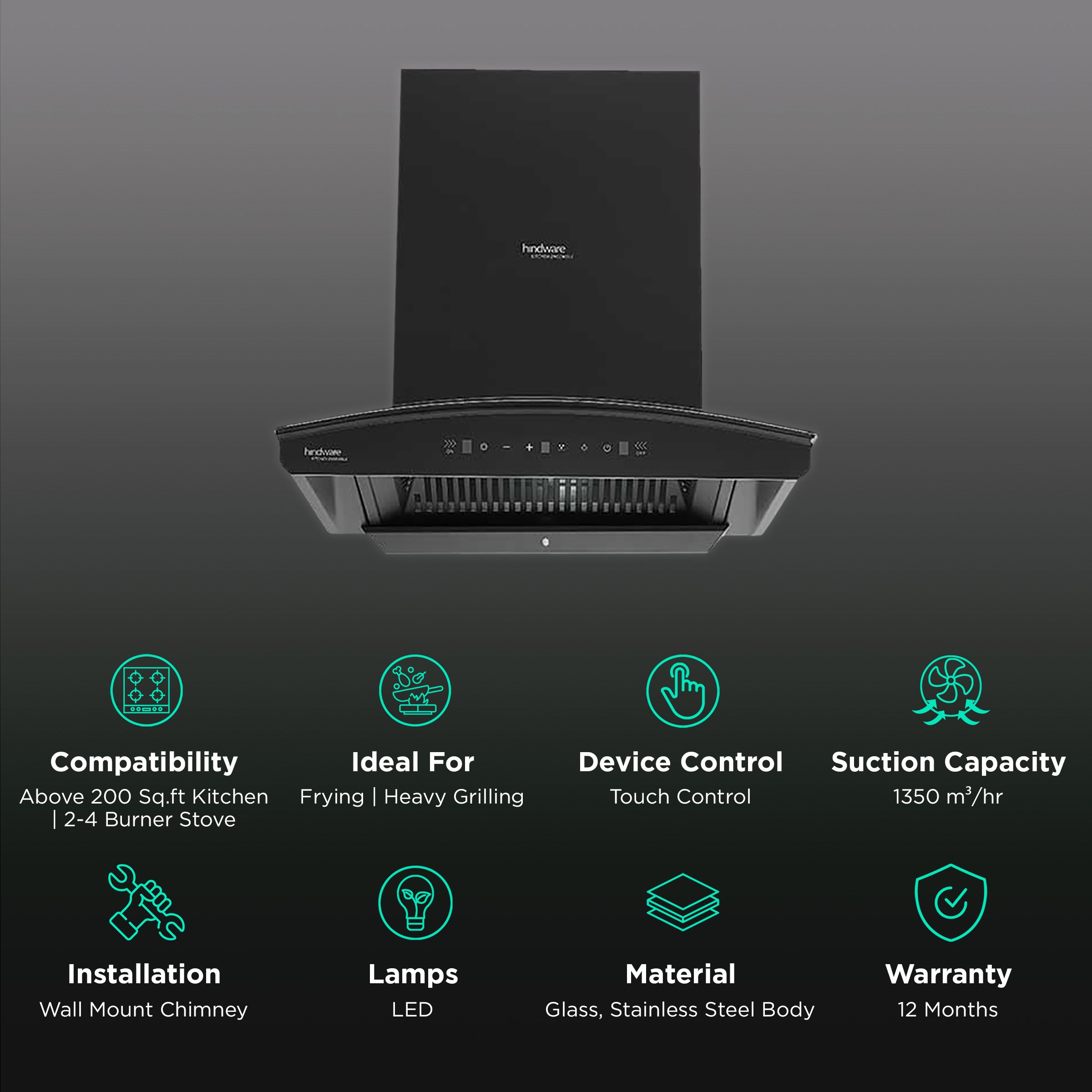 hindware Zinnia 60cm 1350m3/hr Ducted Auto Clean Wall Mounted Chimney with Motion Sensor (Black) hindware Zinnia 60cm 1350m3/hr Ducted Auto Clean Wall Mounted Chimney with Motion Sensor (Black)_3