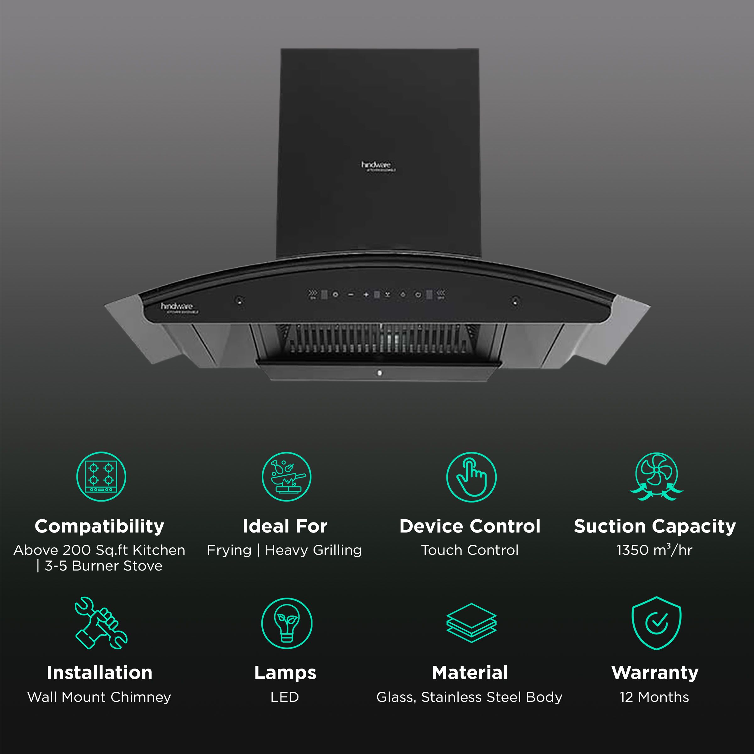 hindware Zinnia 90cm 1350m3/hr Ducted Auto Clean Wall Mounted Chimney with Motion Sensor (Black) hindware Zinnia 90cm 1350m3/hr Ducted Auto Clean Wall Mounted Chimney with Motion Sensor (Black)_3
