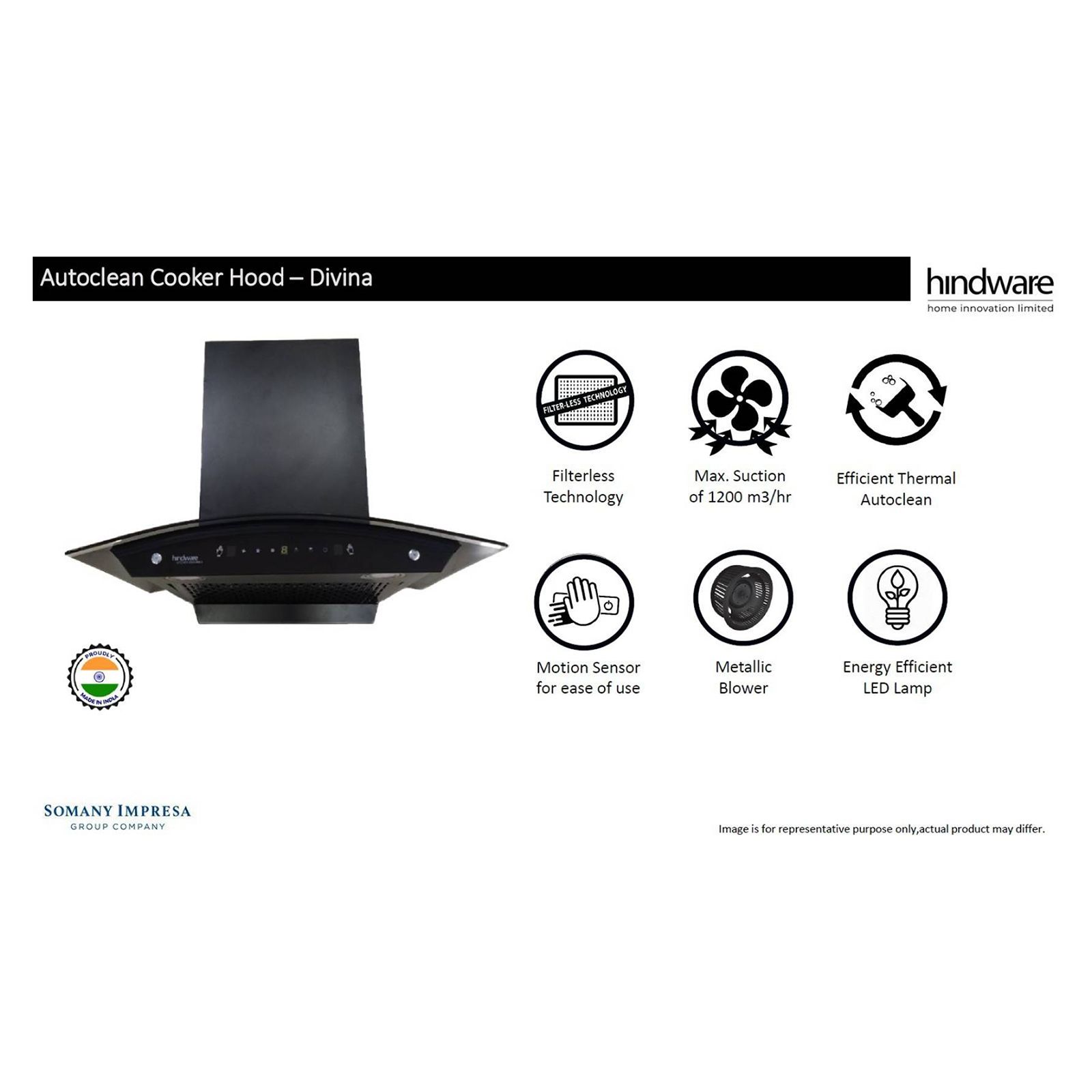 hindware Divina 60cm 1200m3/hr Ducted Auto Clean Wall Mounted Chimney with Motion Sensor (Black) hindware Divina 60cm 1200m3/hr Ducted Auto Clean Wall Mounted Chimney with Motion Sensor (Black)_7